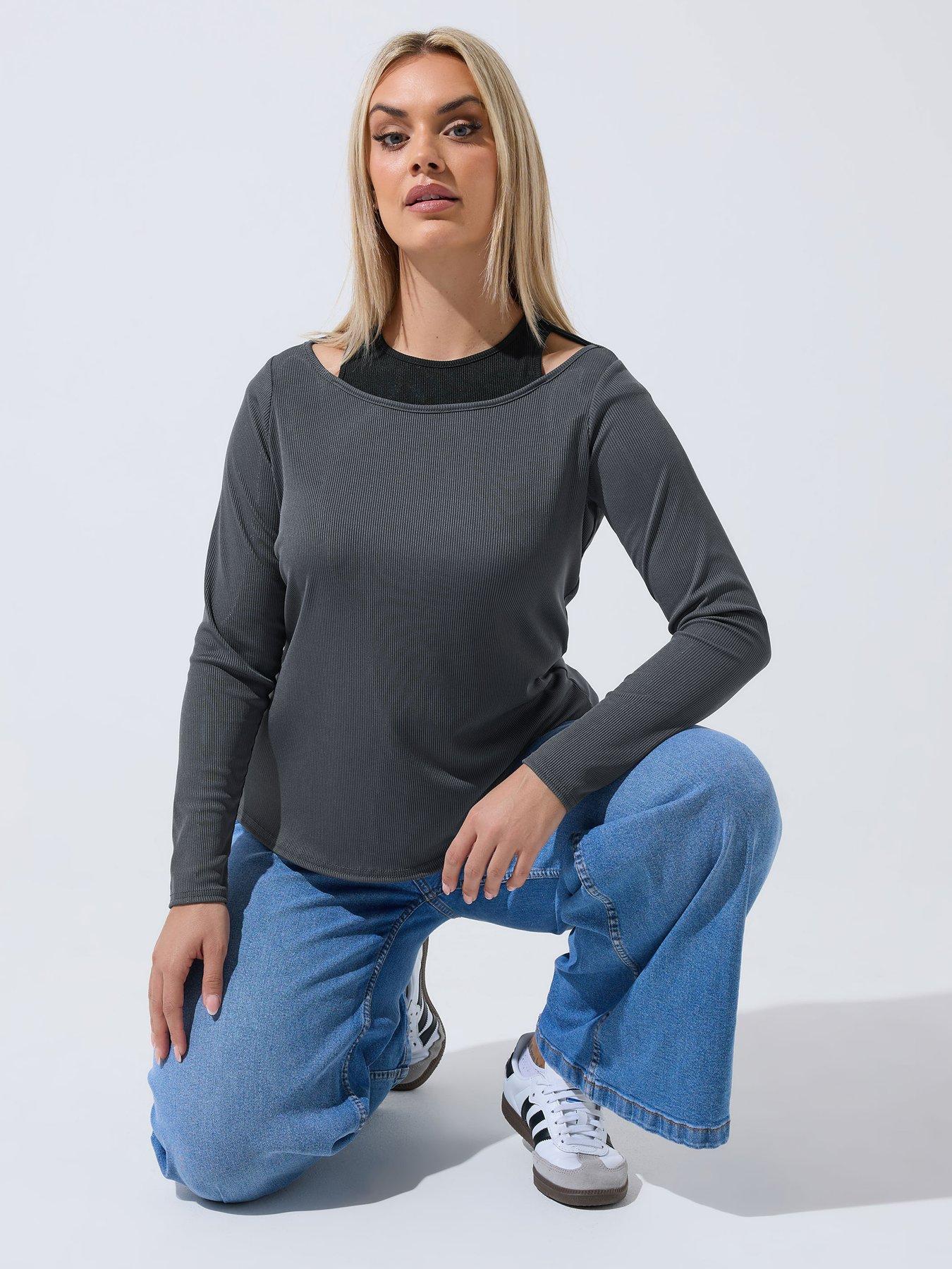 Yours Curve 2 In 1 Ribbed Top - Grey
