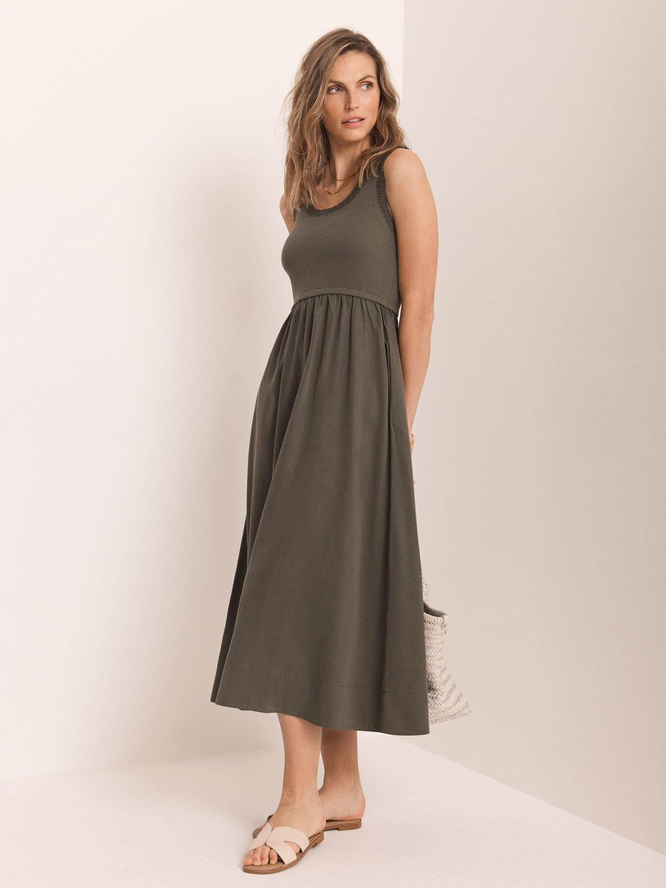 Image 1 of 6 of Mint Velvet Ruched Edge Woven Mix Dress - Khaki