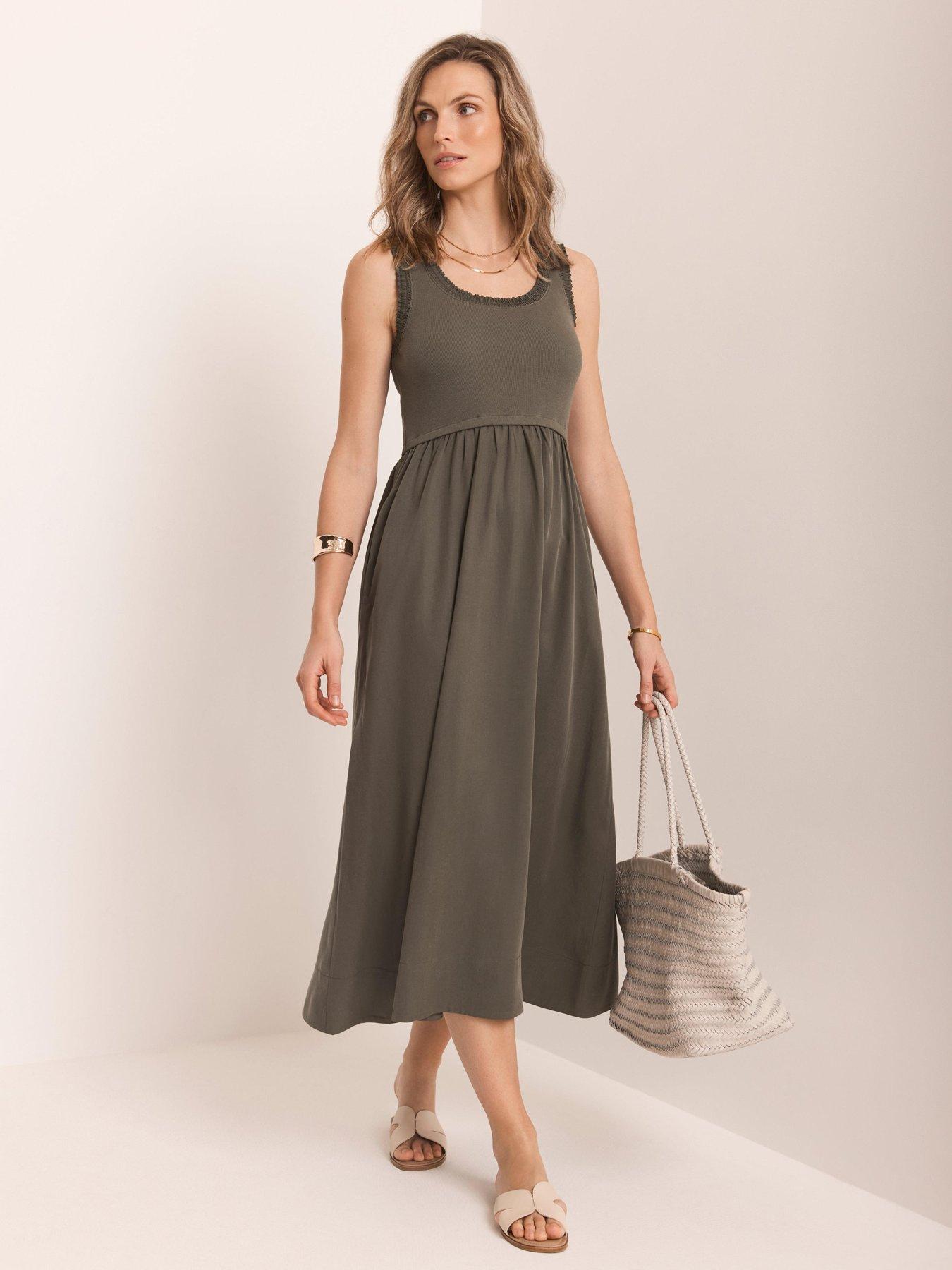 Image 2 of 6 of Mint Velvet Ruched Edge Woven Mix Dress - Khaki