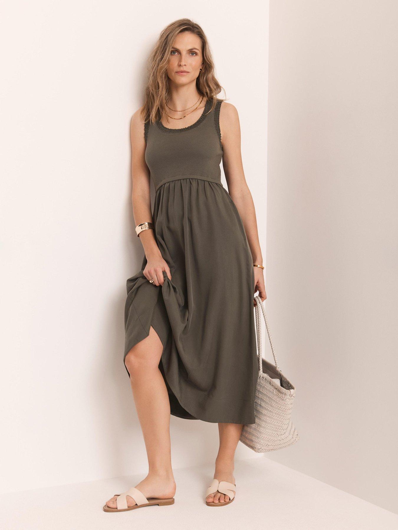 Image 4 of 6 of Mint Velvet Ruched Edge Woven Mix Dress - Khaki