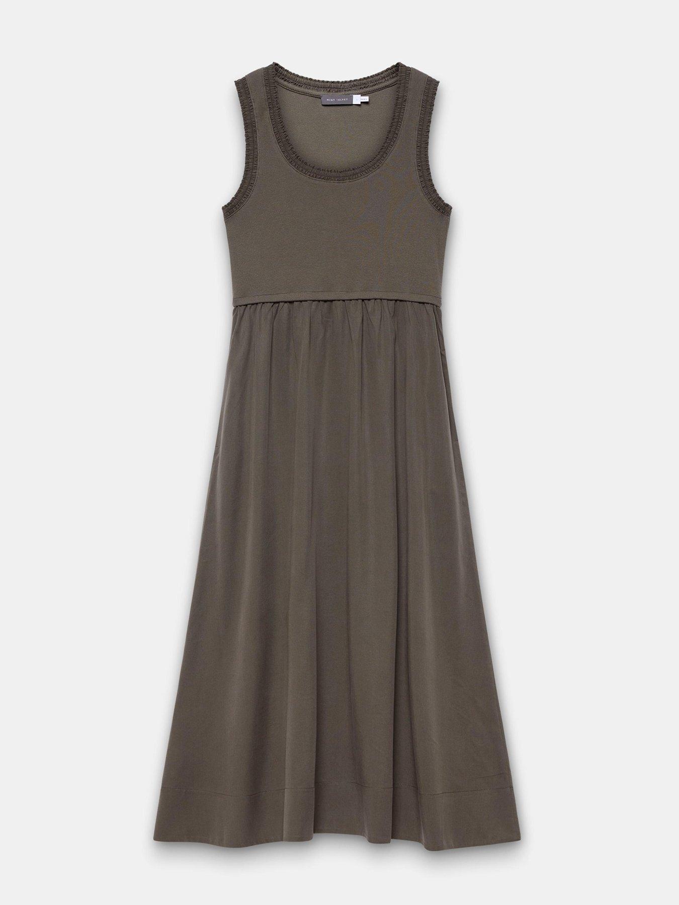 Image 5 of 6 of Mint Velvet Ruched Edge Woven Mix Dress - Khaki