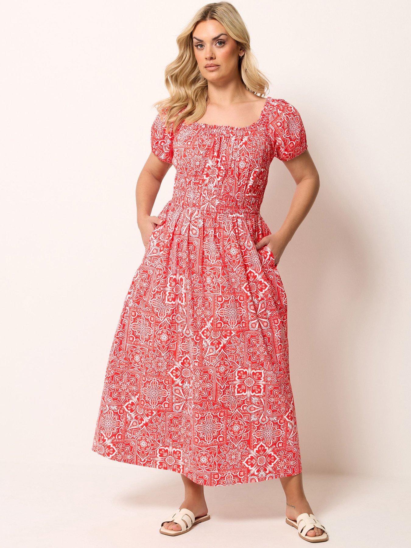 Image 1 of 5 of Yours Curve Poplin Midaxi Bardot Dress - Red