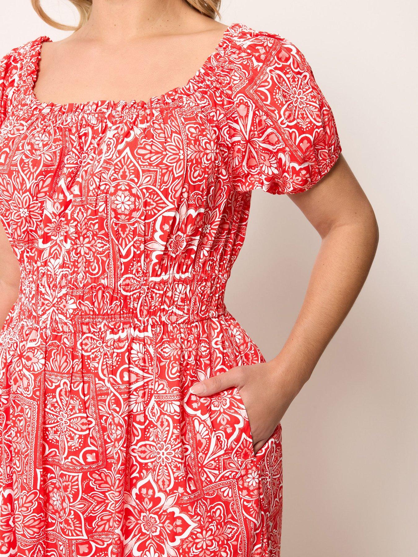 Image 4 of 5 of Yours Curve Poplin Midaxi Bardot Dress - Red