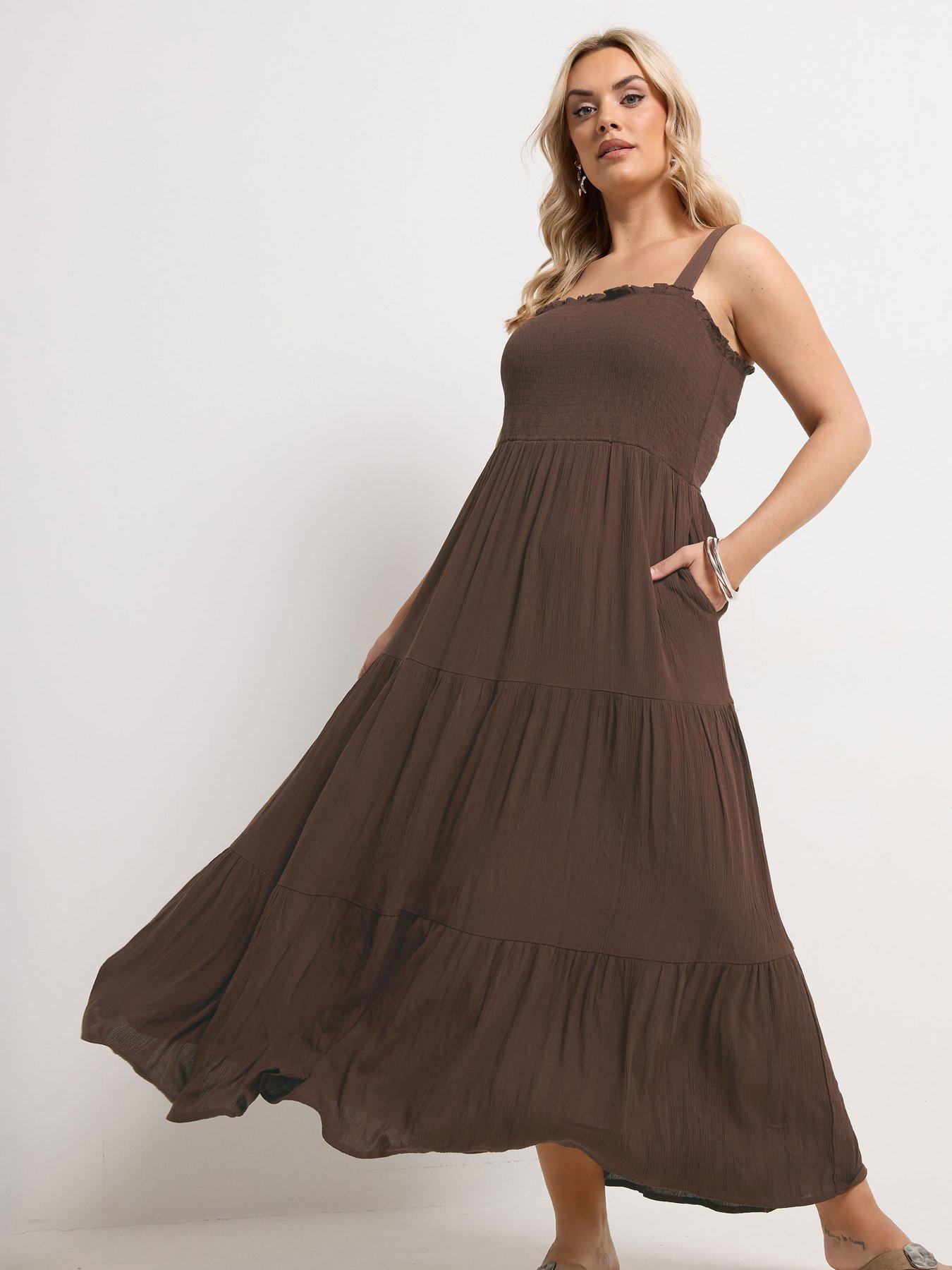 Yours Curve Shirred Strappy Maxi Dress - Brown