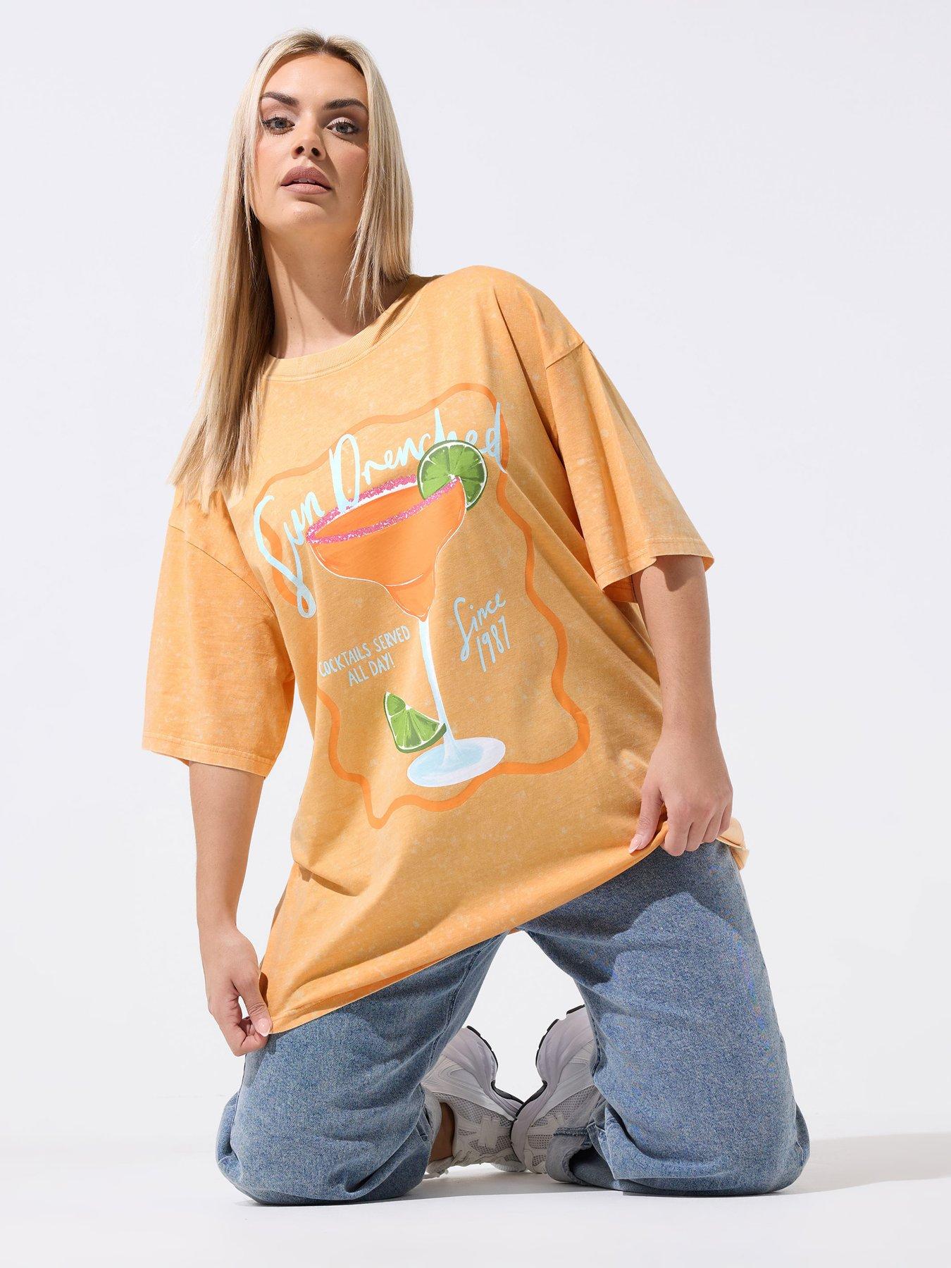 Yours Curve Cocktail Print Acid Wash Longline T-shirt