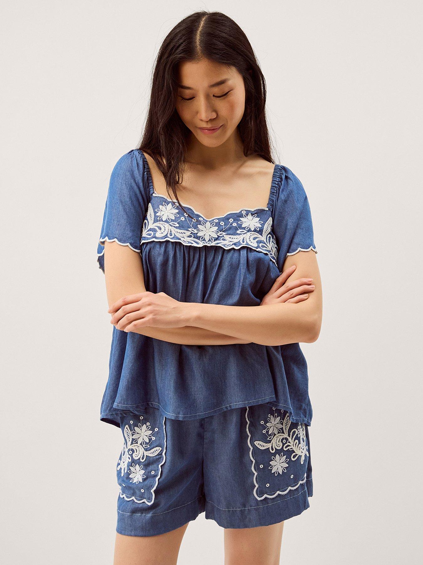 Image 1 of 5 of Monsoon Isla Short Sleeve Embroidered Denim Top - Blue