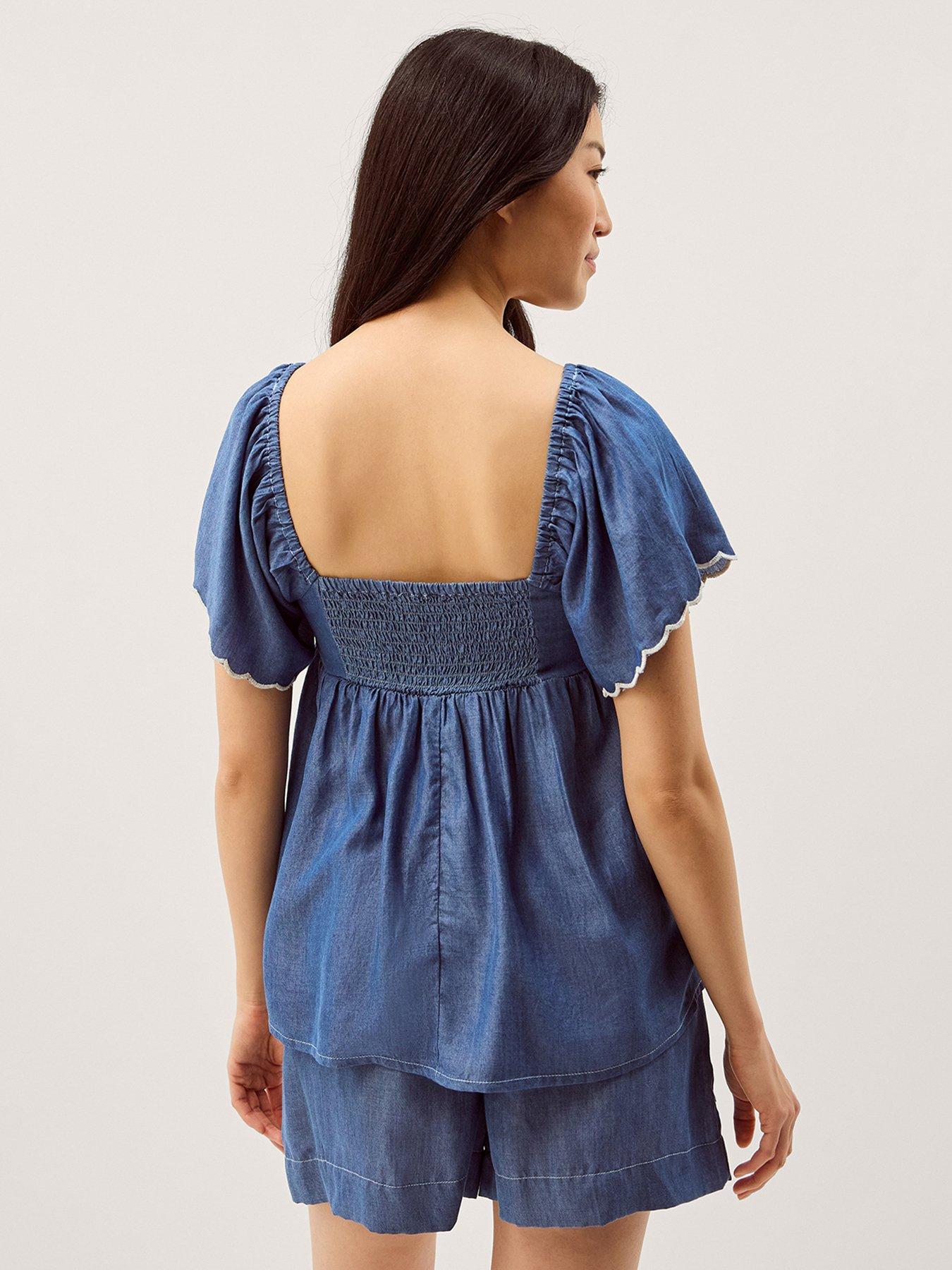 Image 2 of 5 of Monsoon Isla Short Sleeve Embroidered Denim Top - Blue