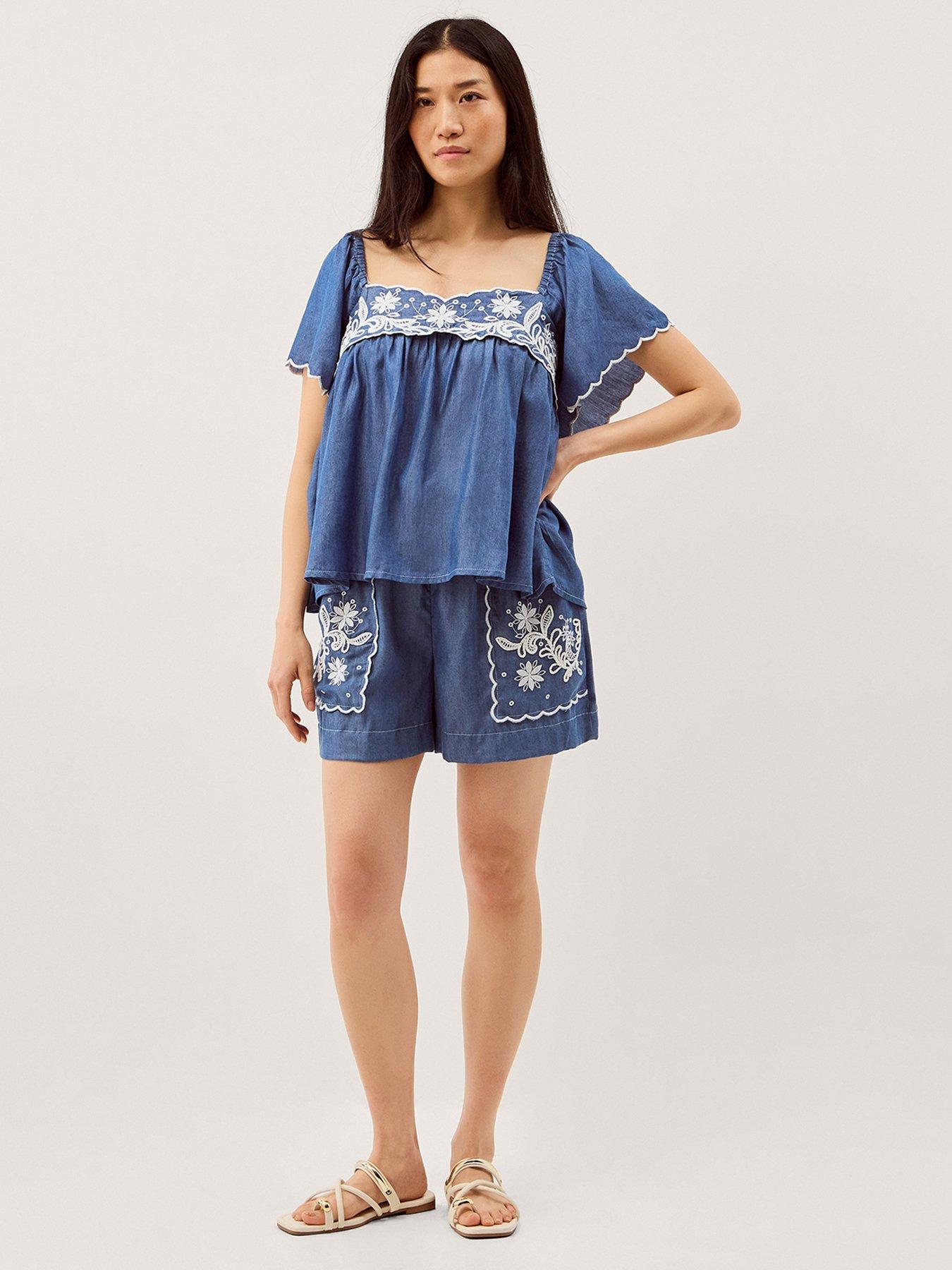 Image 3 of 5 of Monsoon Isla Short Sleeve Embroidered Denim Top - Blue