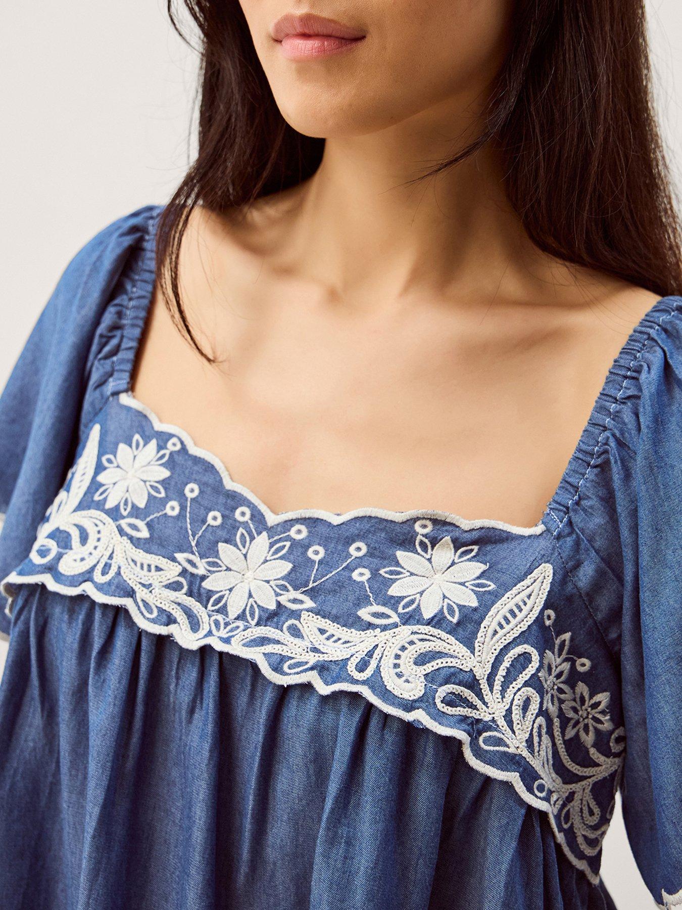 Image 4 of 5 of Monsoon Isla Short Sleeve Embroidered Denim Top - Blue