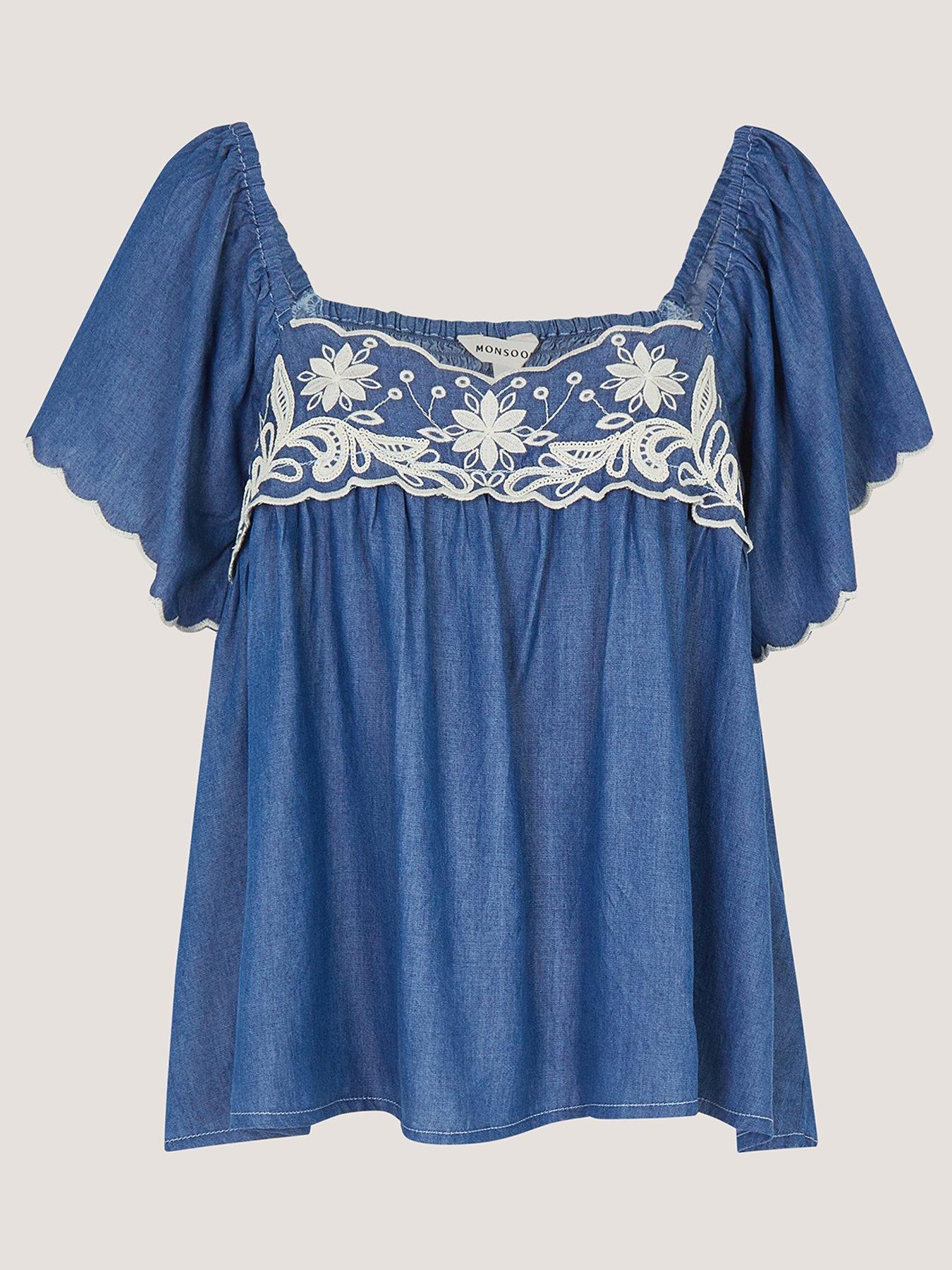 Image 5 of 5 of Monsoon Isla Short Sleeve Embroidered Denim Top - Blue