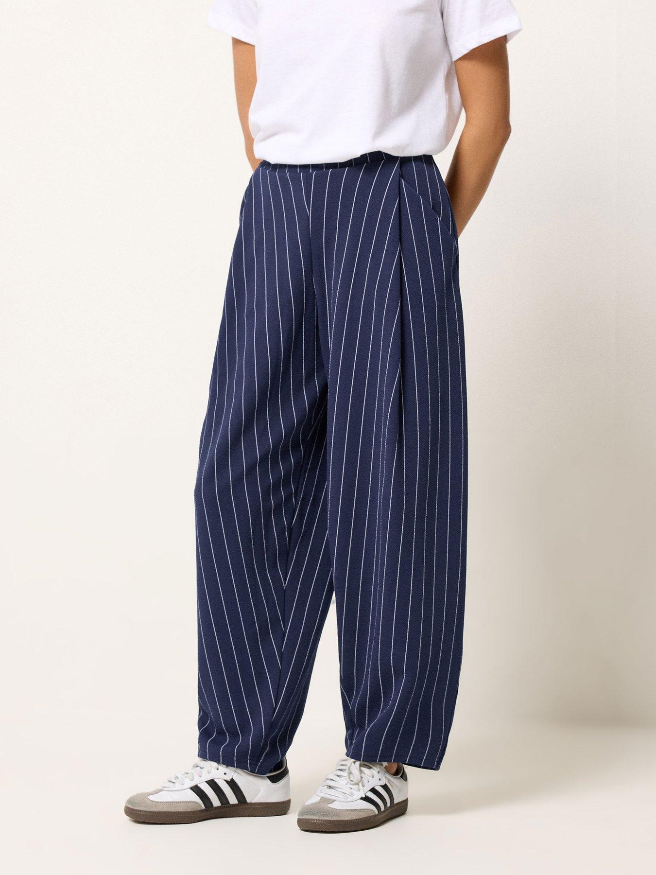 Image 1 of 5 of PixieGirl Petite Pinstripe Barrel Trousers - Blue