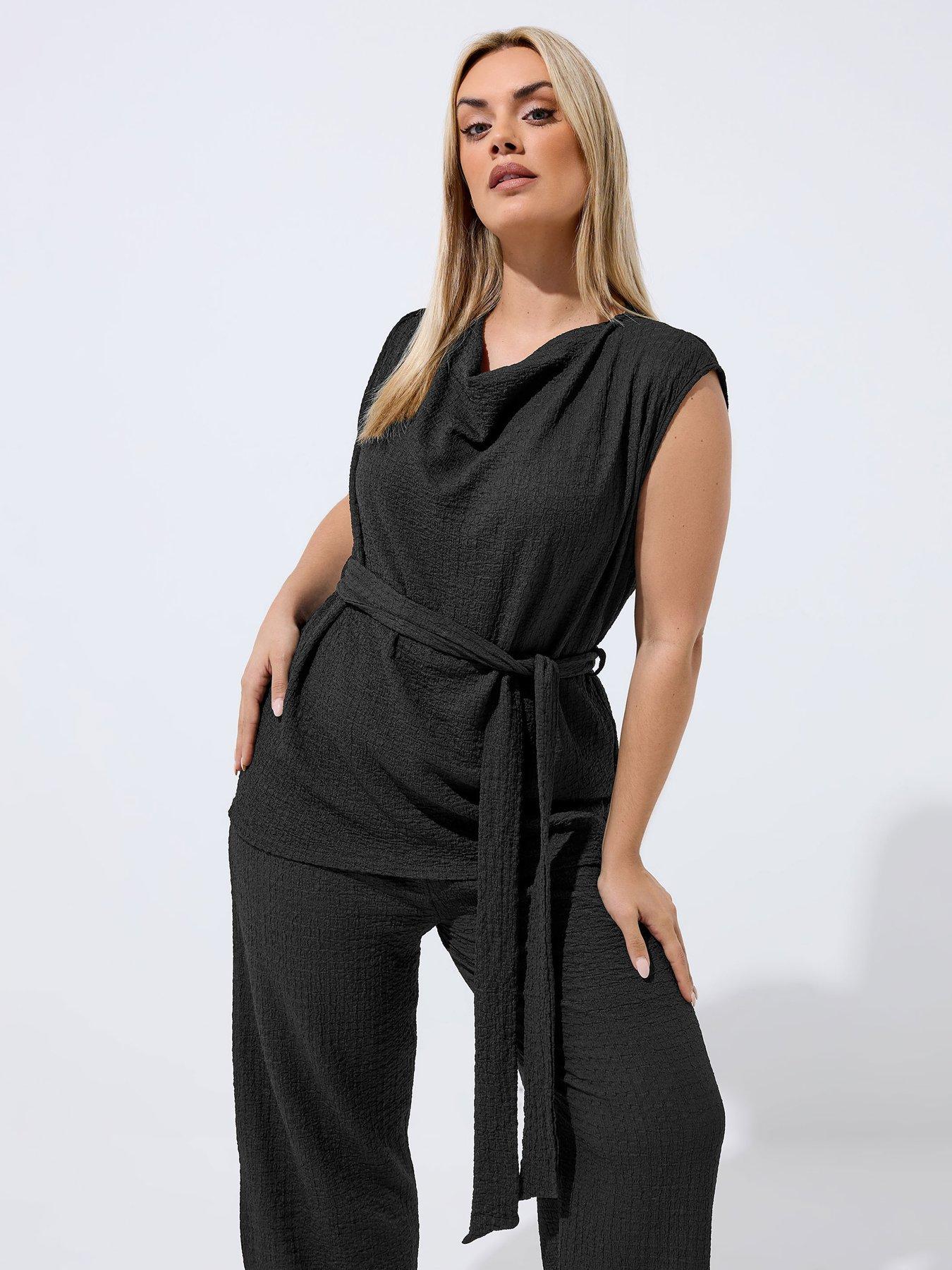 yours-curve-textured-sleeveless-tie-top-blackfront