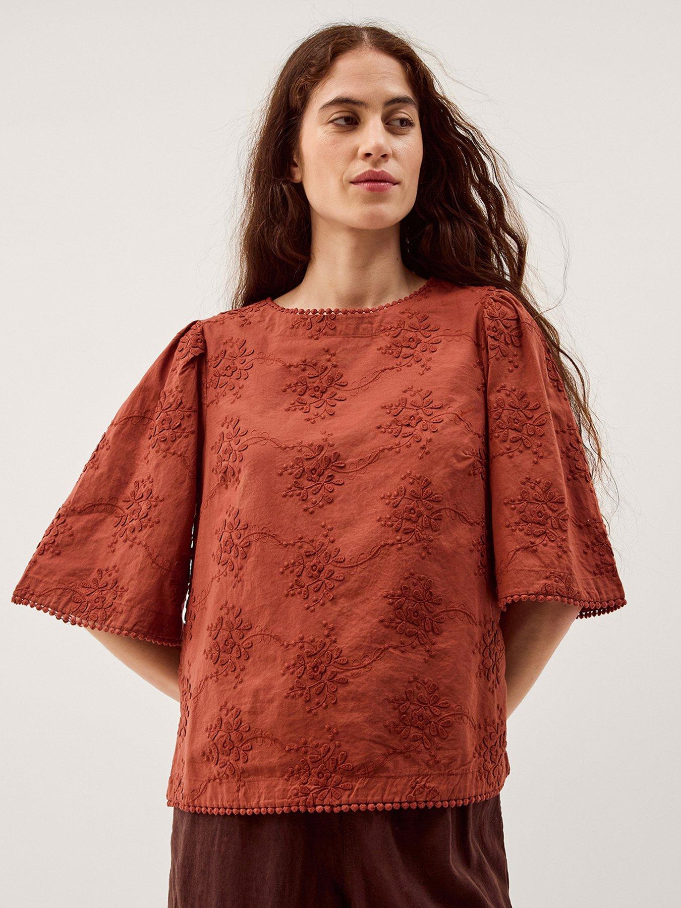 Image 1 of 5 of Monsoon Harika Floral Embroidered Top - Brown