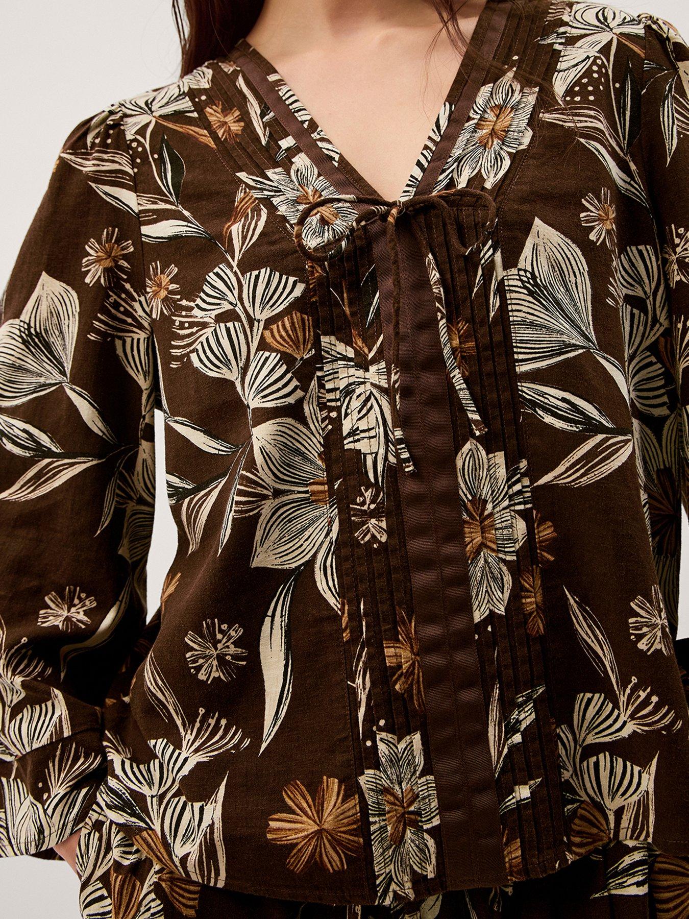 Image 4 of 6 of Monsoon Esther Floral Linen Blend Top - Brown