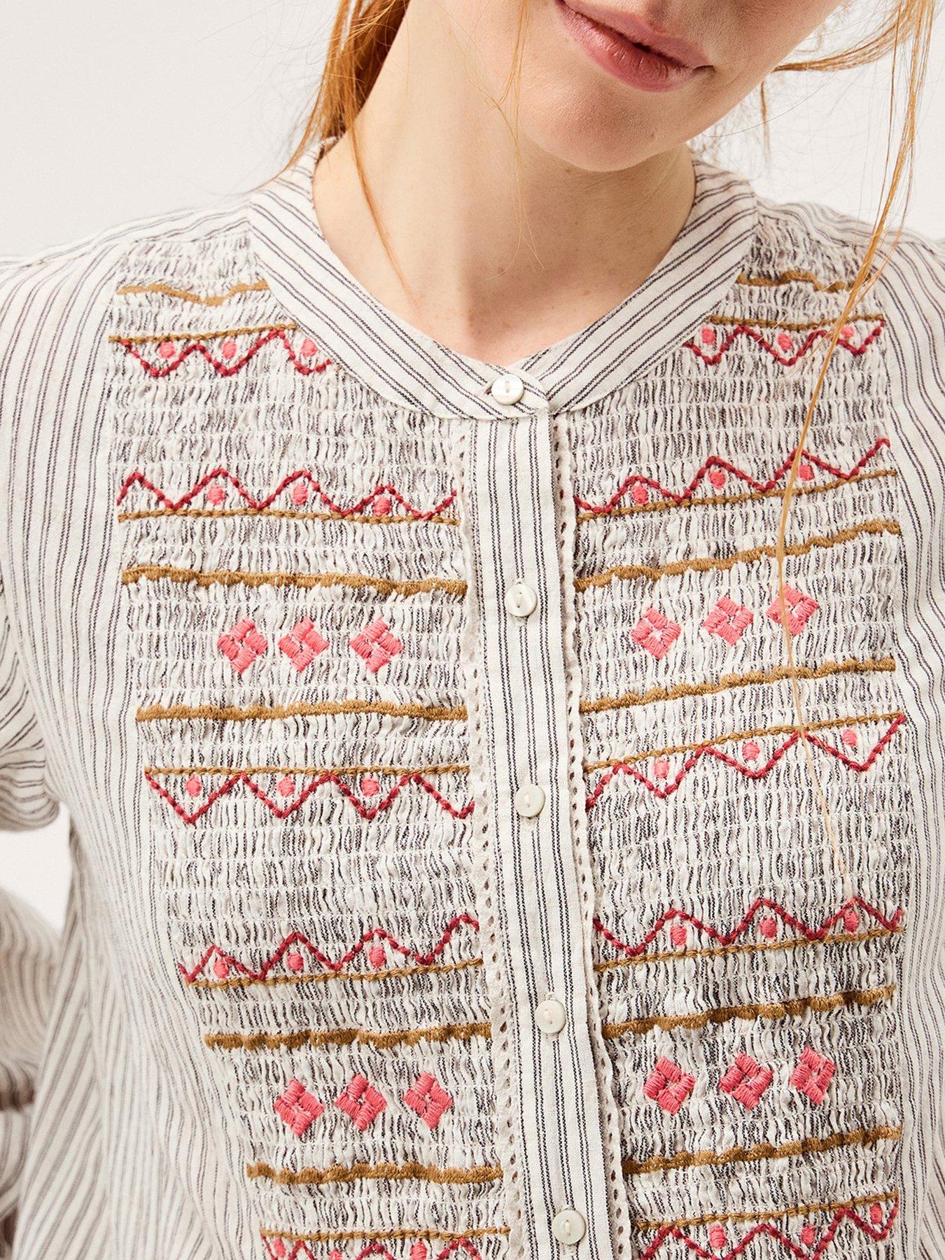 Image 4 of 4 of Monsoon Hettie Embroidered Shirred Stripe Shirt - Grey