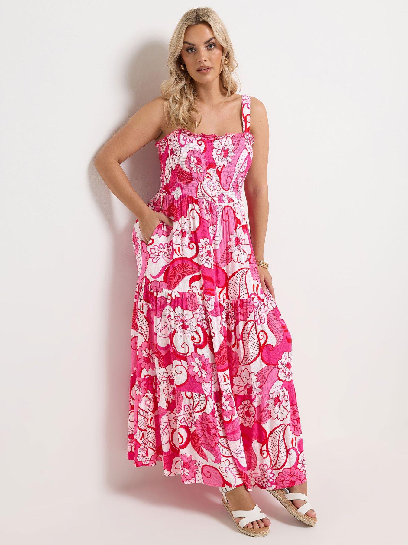 Yours Curve Shirred Strappy Maxi Dress - Pink
