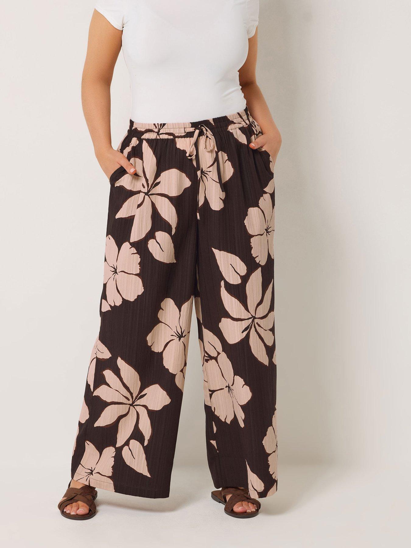 Yours Curve Floral Print Wide Leg Trouser - Brown