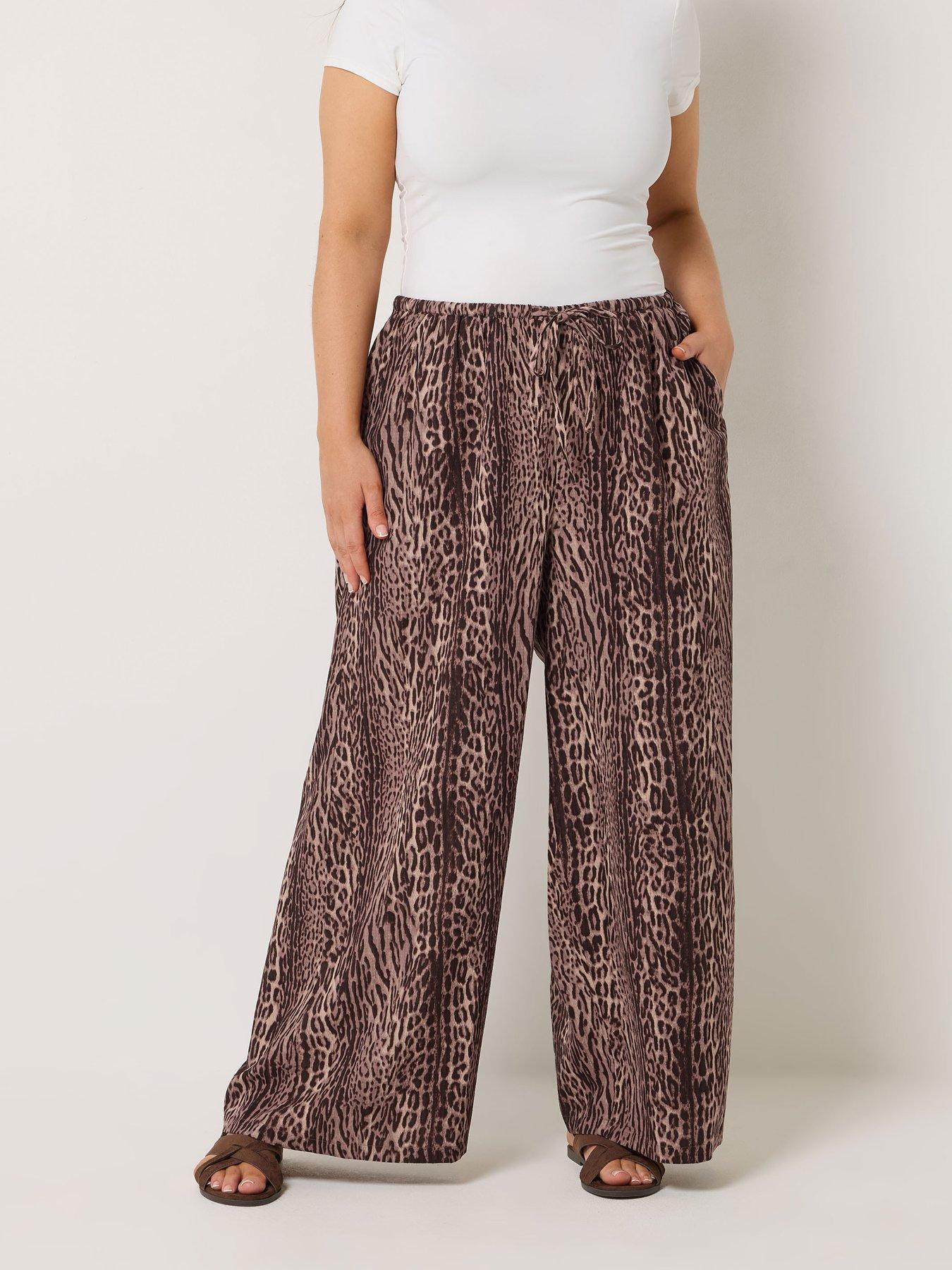 Yours Curve Leopard Print Skinny Waist Wide Leg Trousers - Brown