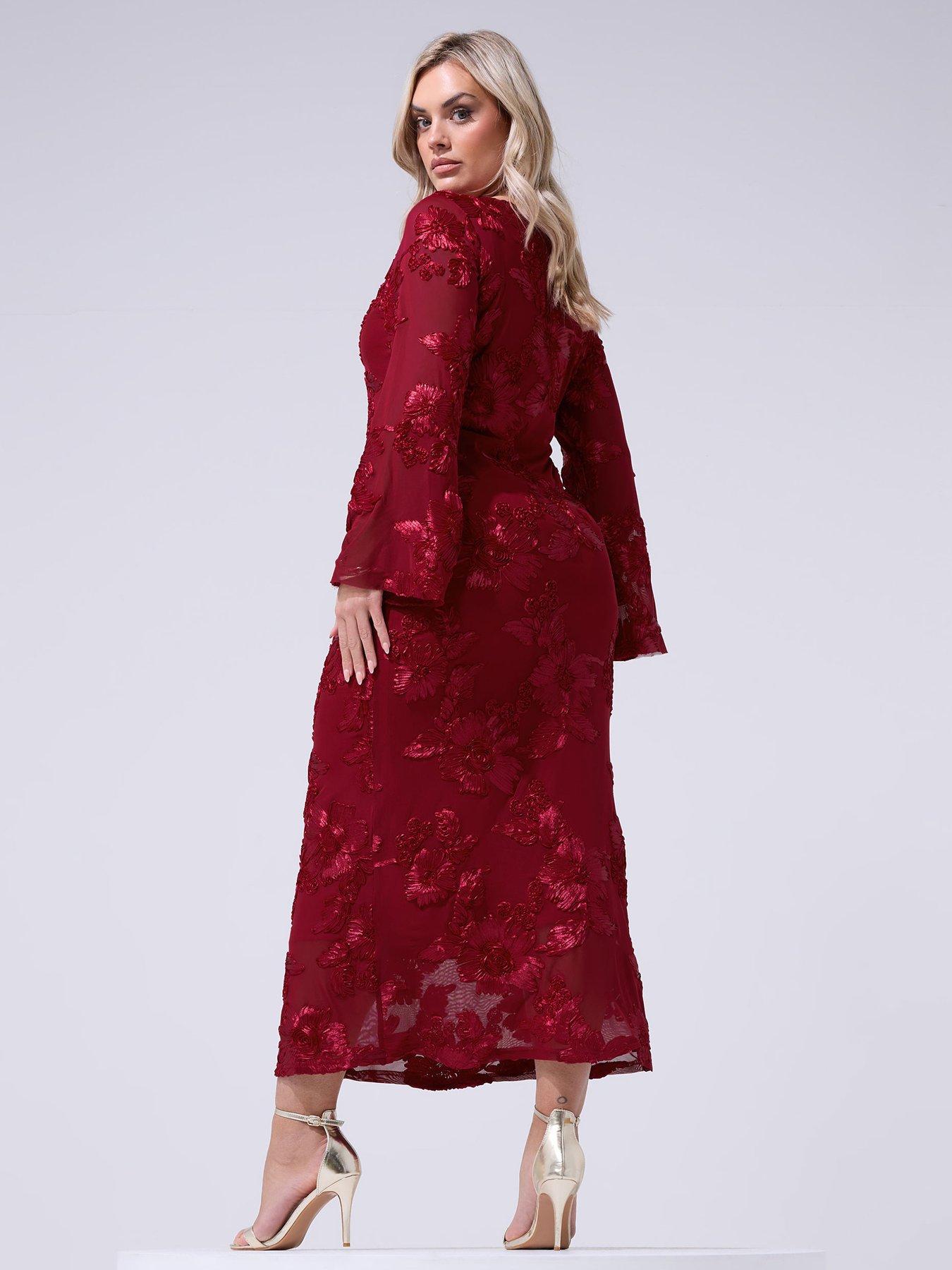 Image 2 of 5 of Yours Curve Mesh Applique Long Sleeve Maxi Dress - Red