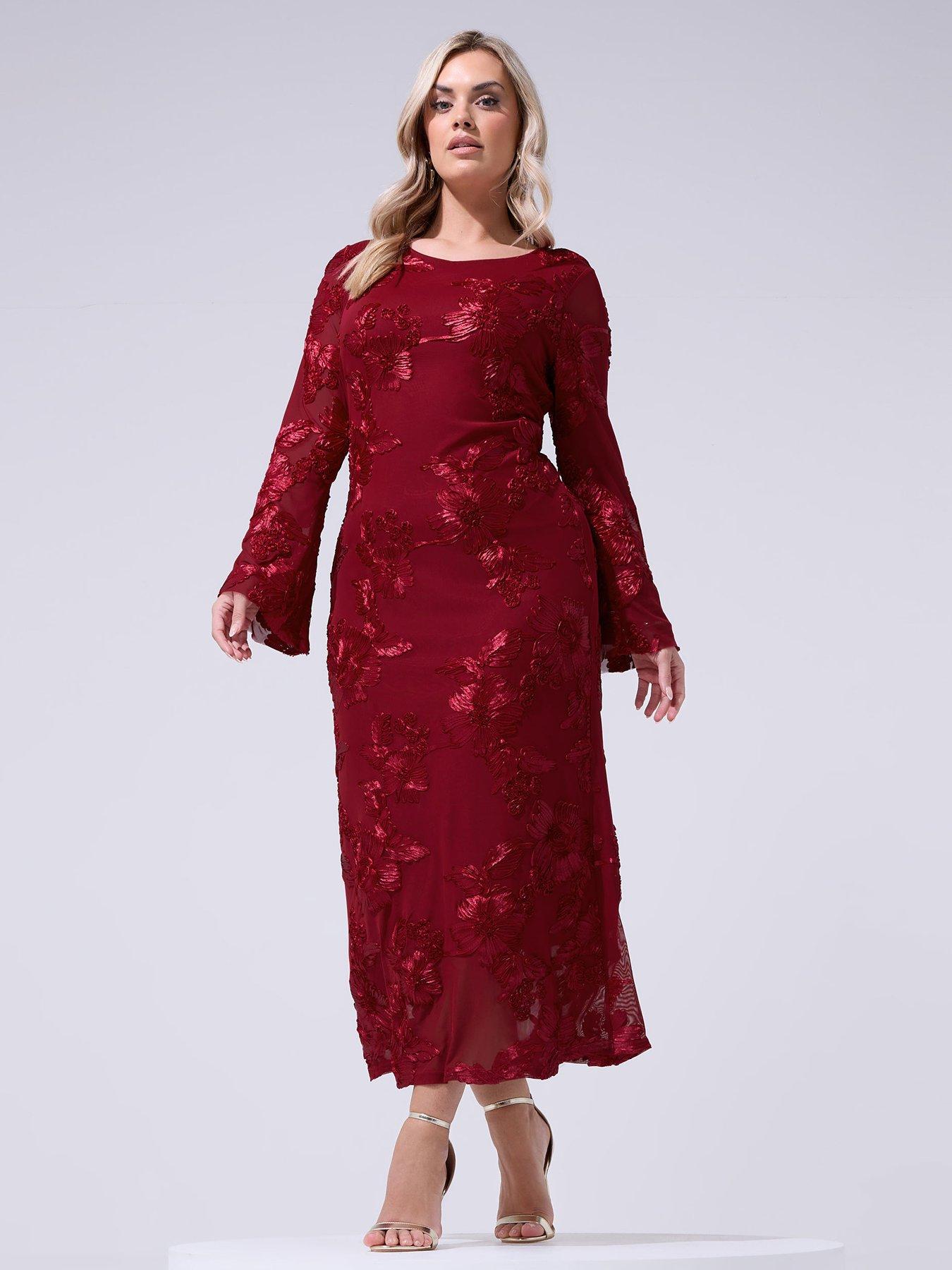 Image 3 of 5 of Yours Curve Mesh Applique Long Sleeve Maxi Dress - Red