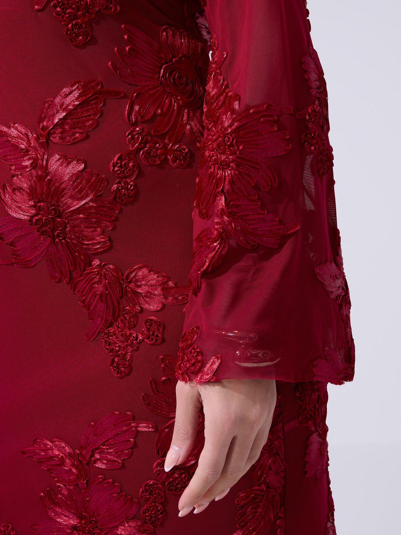 Image 4 of 5 of Yours Curve Mesh Applique Long Sleeve Maxi Dress - Red