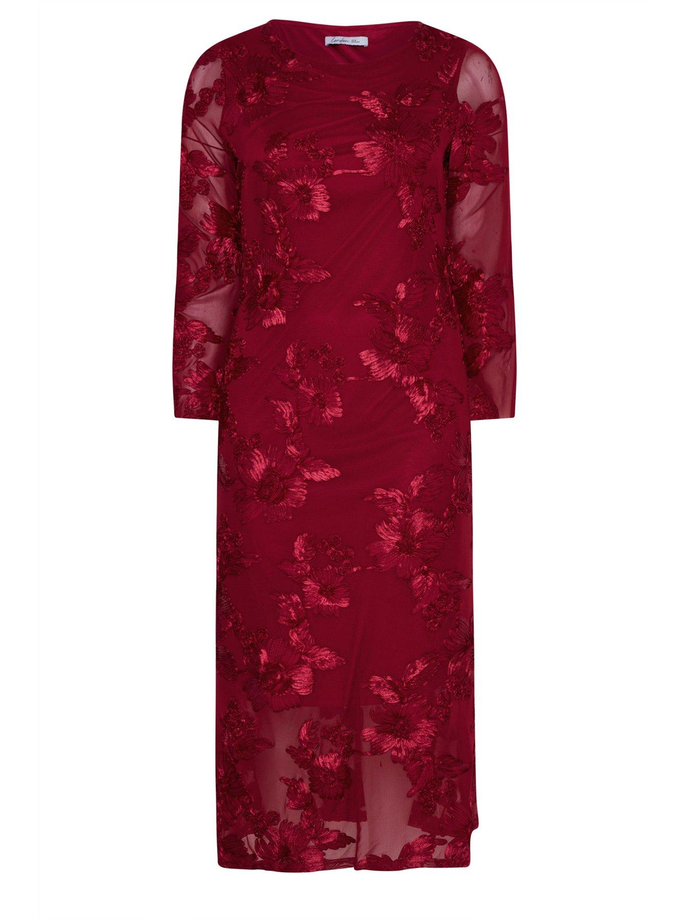 Image 5 of 5 of Yours Curve Mesh Applique Long Sleeve Maxi Dress - Red