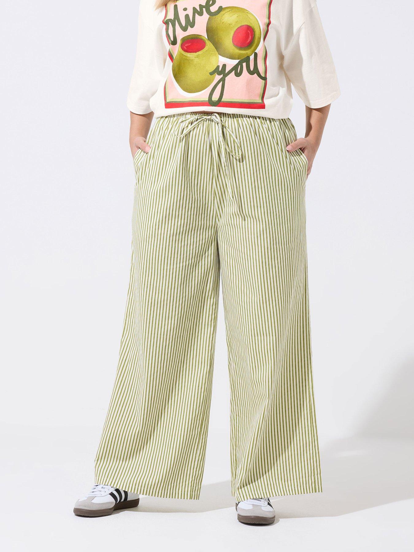 Yours Curve Striped Trouser - Green