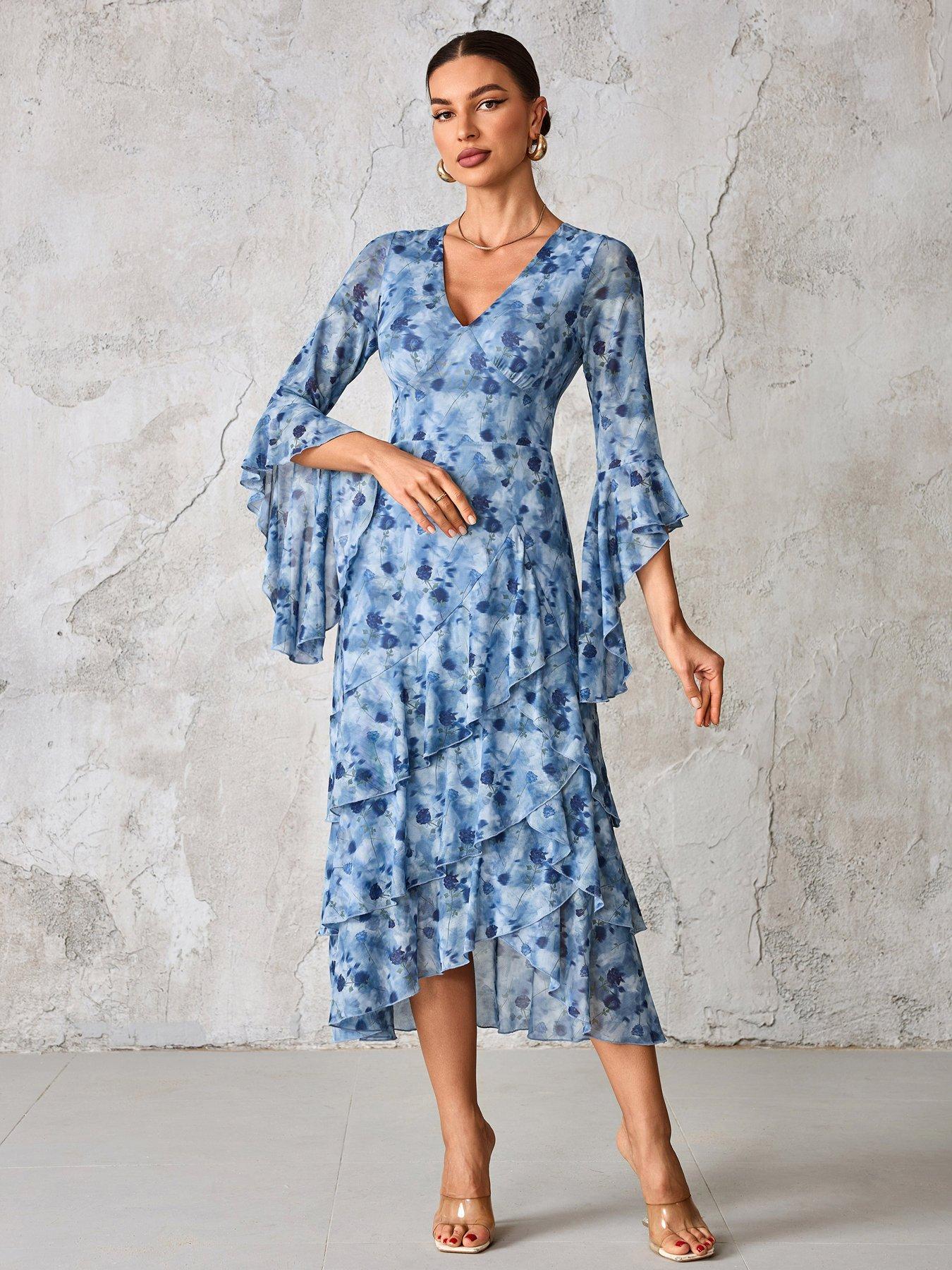 Jolie Moi Mesh Ruffle Sleeve Tiered Midaxi Dress