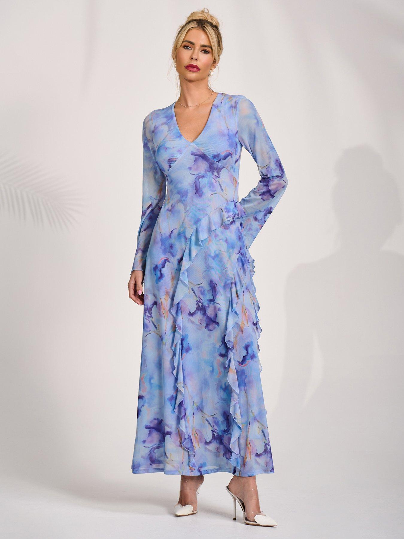 Jolie Moi Long Sleeve Ruffle Mesh Maxi Dress - Blue