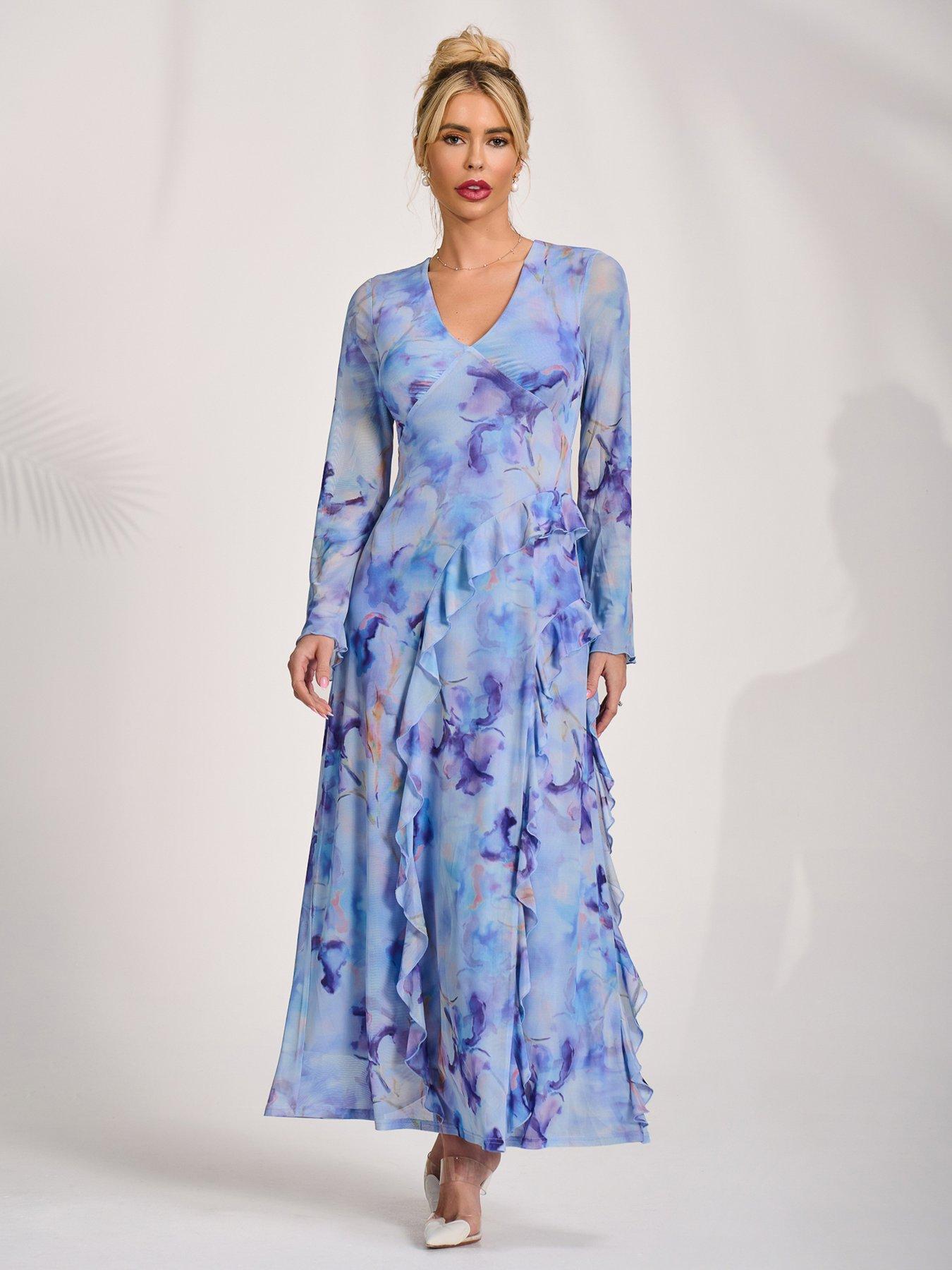 Image 3 of 7 of Jolie Moi Long Sleeve Ruffle Mesh Maxi Dress