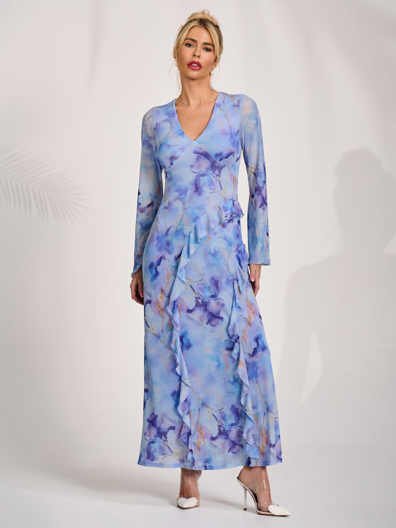 Image 6 of 7 of Jolie Moi Long Sleeve Ruffle Mesh Maxi Dress