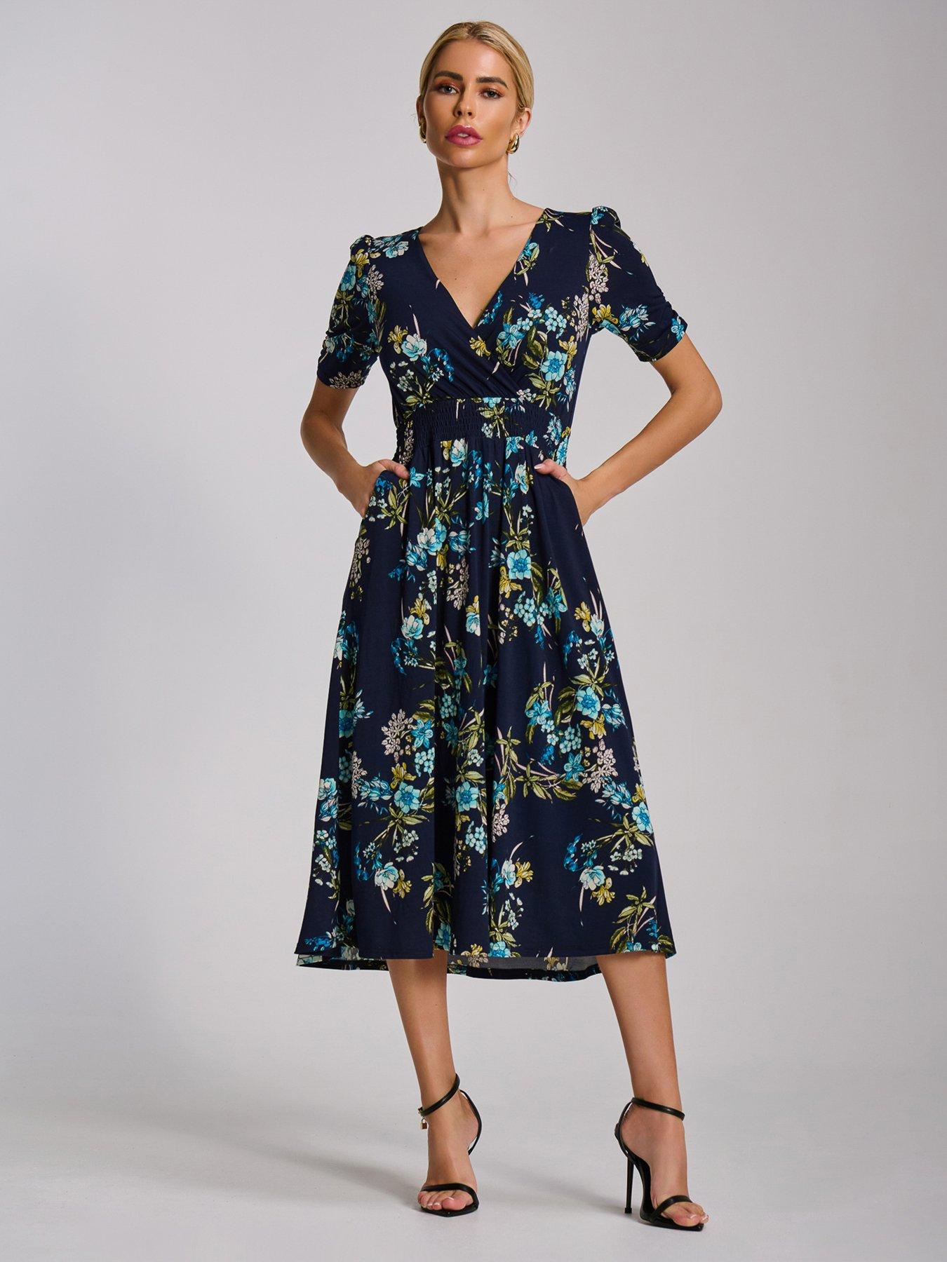 Jolie Moi Short Sleeve Printed Jersey Midi Dress - Navy