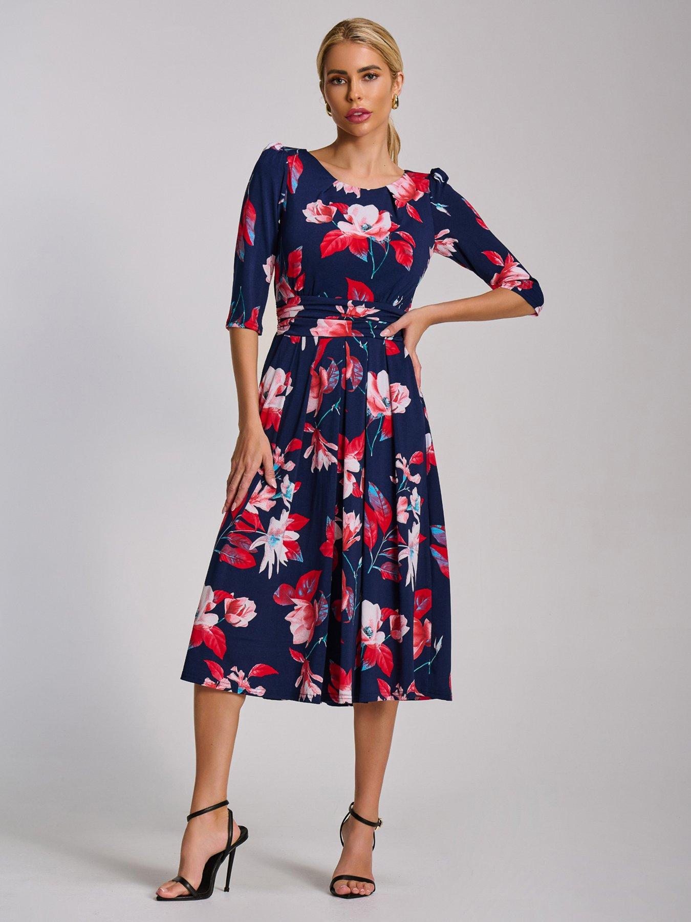 Image 3 of 7 of Jolie Moi 3/4 Sleeve Printed Jersey Midi Dress - Navy