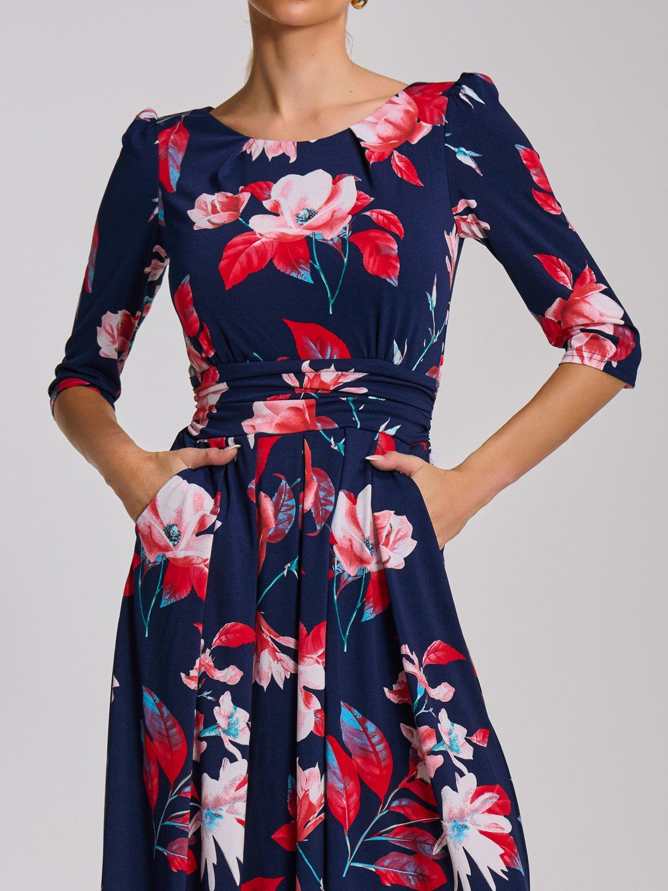 Image 4 of 7 of Jolie Moi 3/4 Sleeve Printed Jersey Midi Dress - Navy