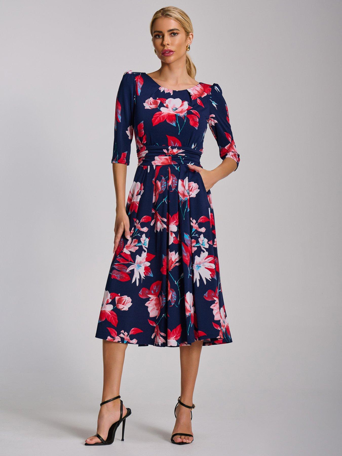 Image 6 of 7 of Jolie Moi 3/4 Sleeve Printed Jersey Midi Dress - Navy