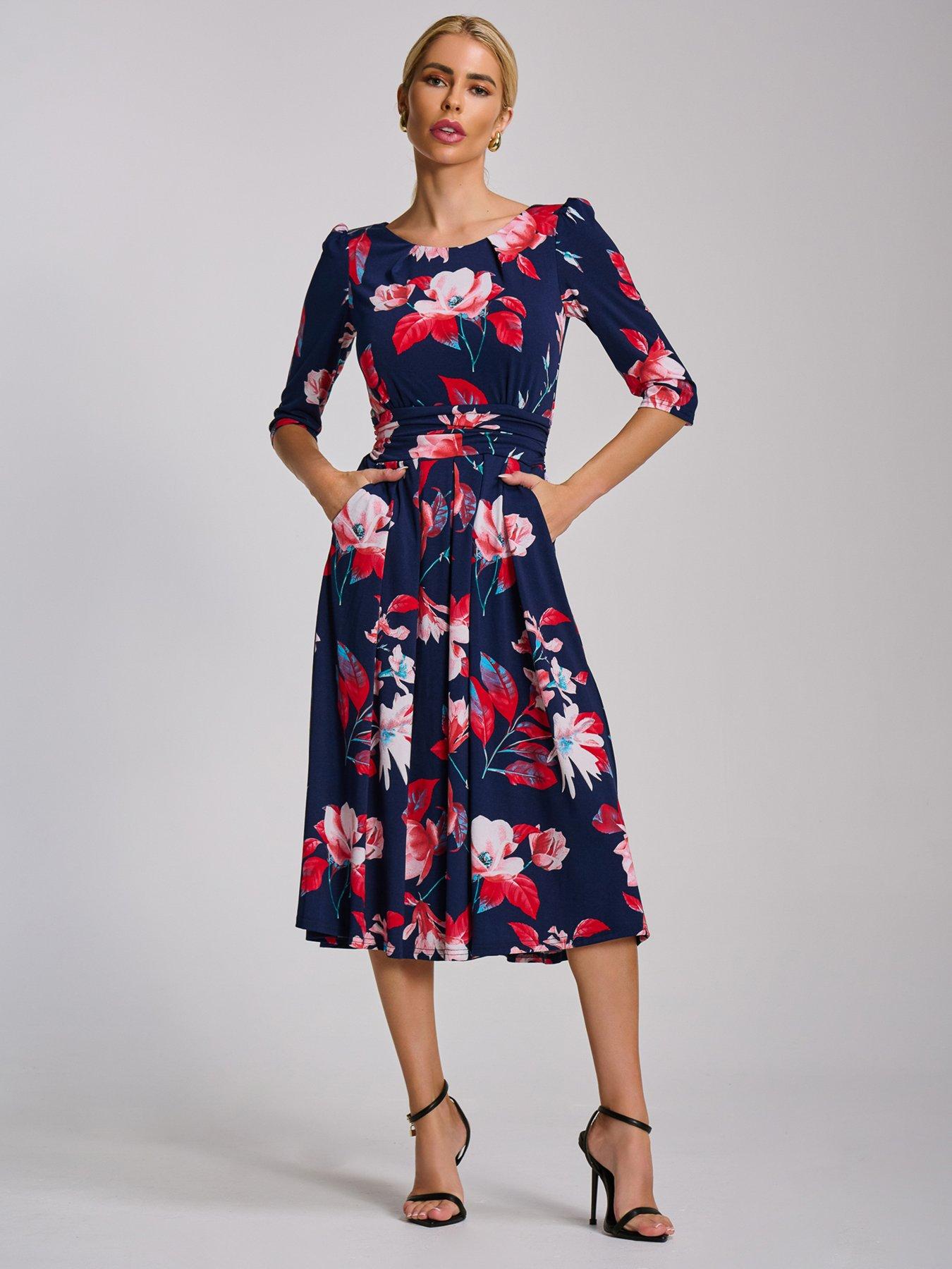 Image 7 of 7 of Jolie Moi 3/4 Sleeve Printed Jersey Midi Dress - Navy