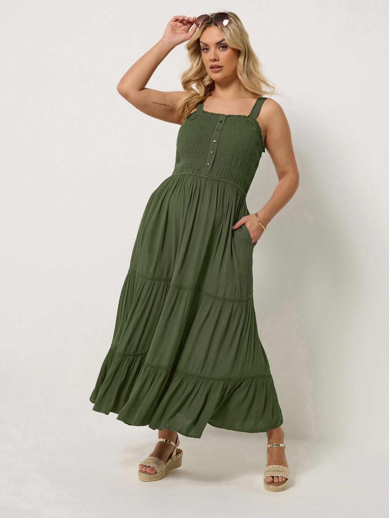 Image 1 of 4 of Yours Curve Shirred Placket Dress - Green