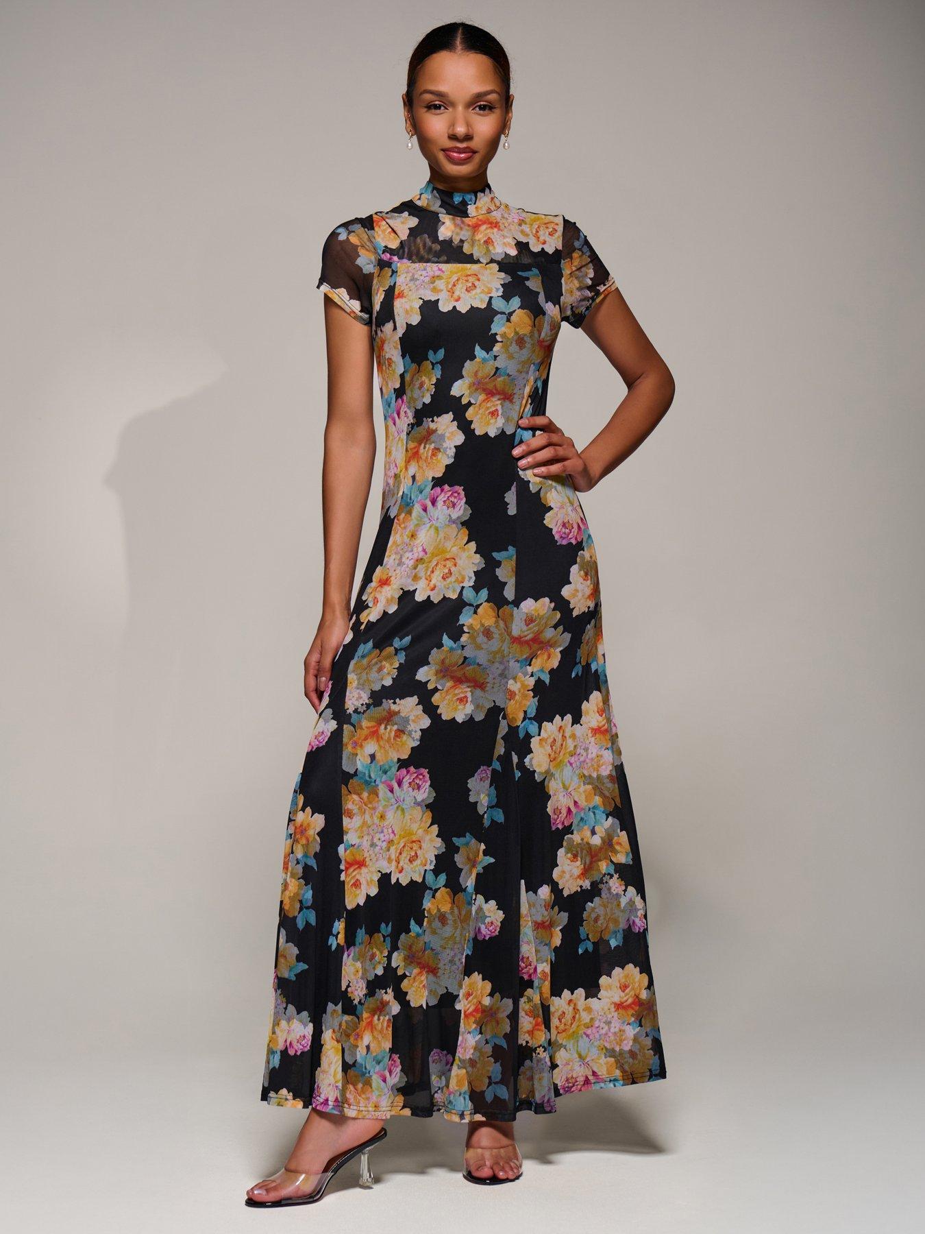 Image 3 of 7 of Jolie Moi Turtle Neckline Mesh Maxi Dress - Yellow