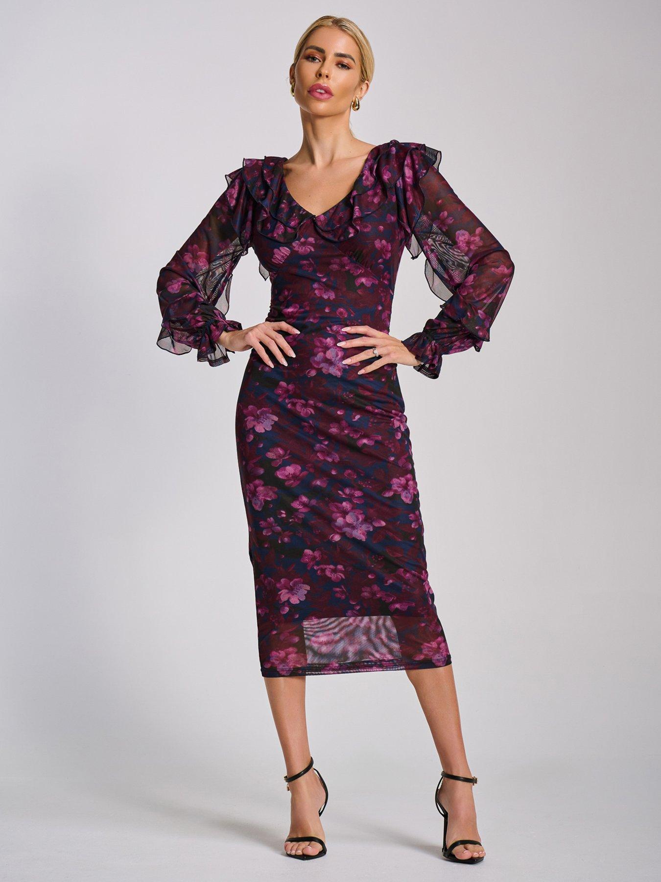 Jolie Moi Long Sleeve Ruffle Detail Mesh Bodycon Dress