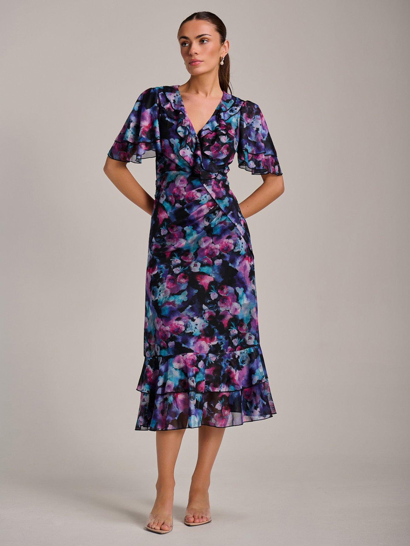 Jolie Moi Ruffle Detail Ruched Mesh Midaxi Dress