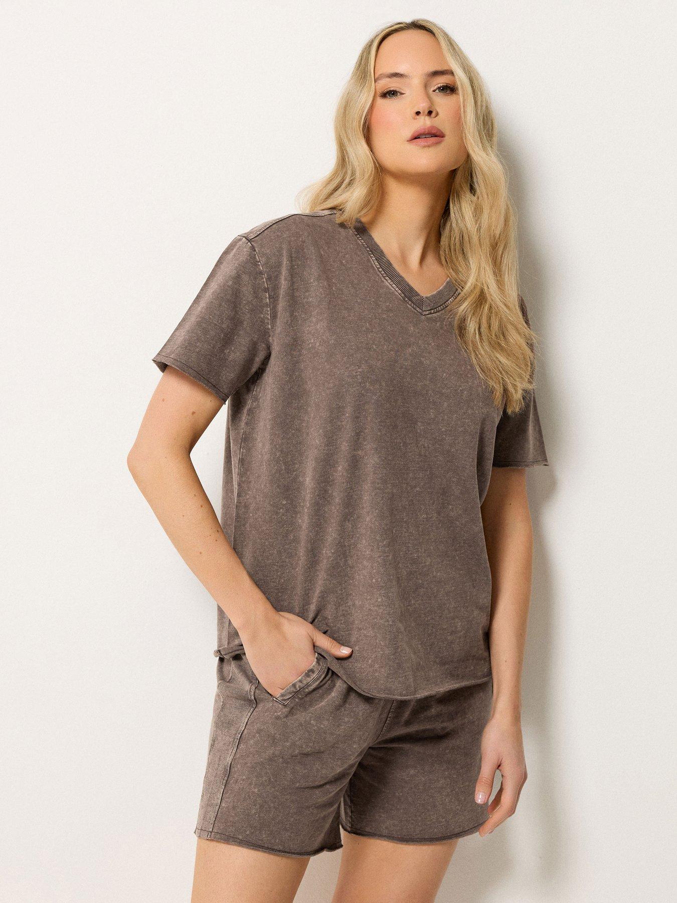 Long Tall Sally Acid Wash Short  &  Sweat Set - Brown