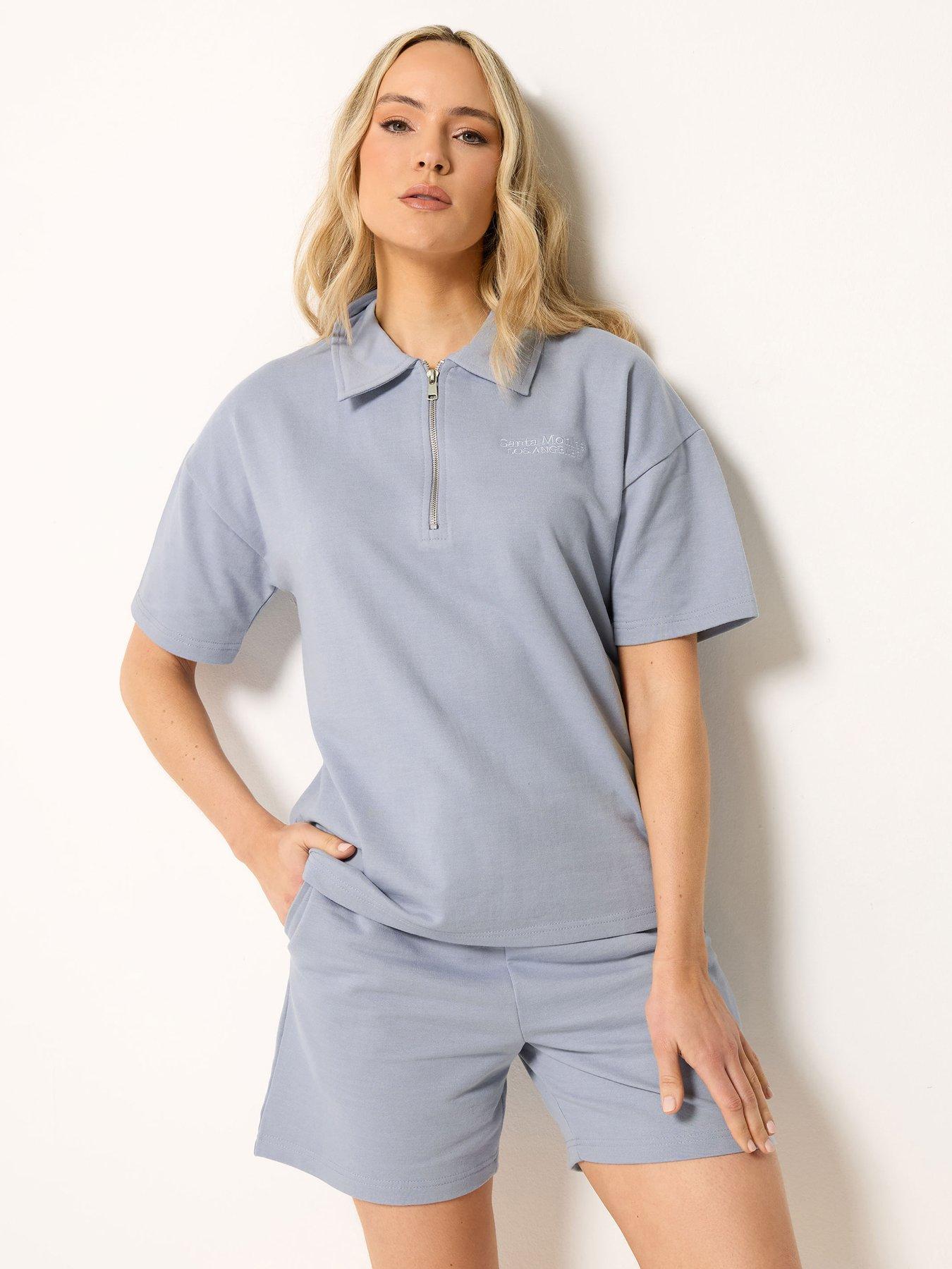 Long Tall Sally Half Zip Embroidery Short Sleeve Sweatshirt - Blue