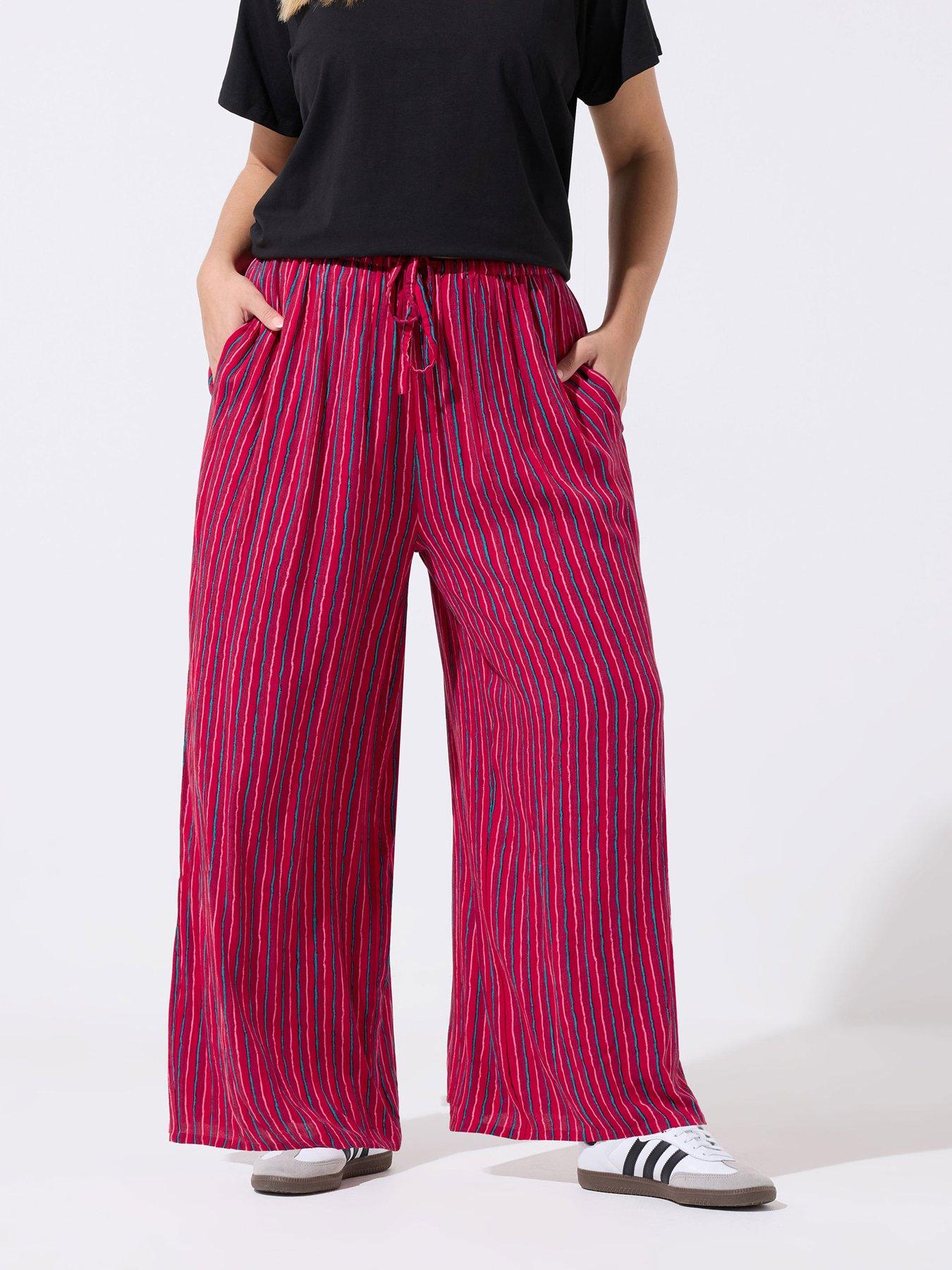 Yours Curve Crinkle Stripe Trousers - Red