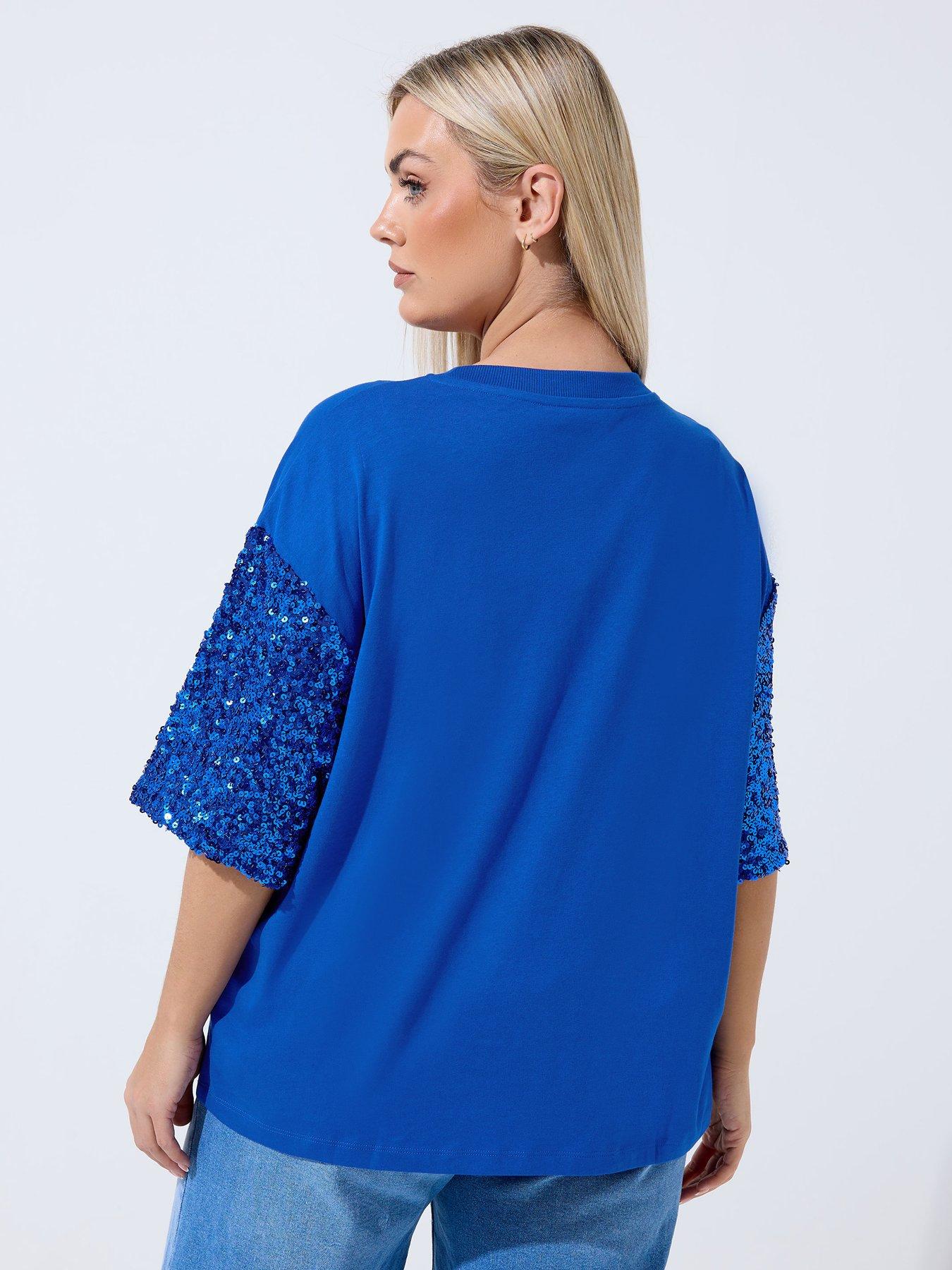 Image 2 of 5 of Yours Curve Sequin Sleeve T-Shirt - Blue