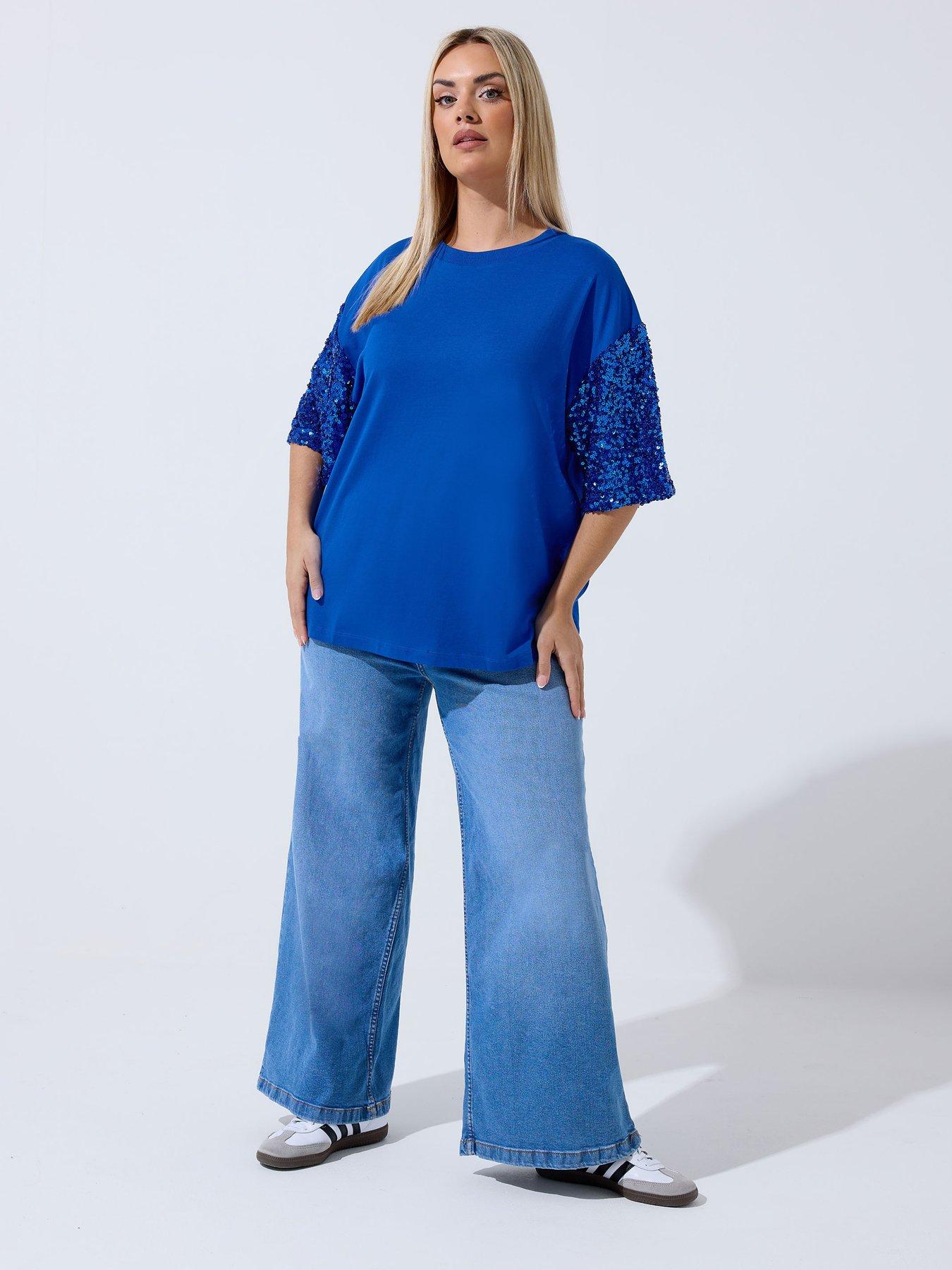 Image 3 of 5 of Yours Curve Sequin Sleeve T-Shirt - Blue