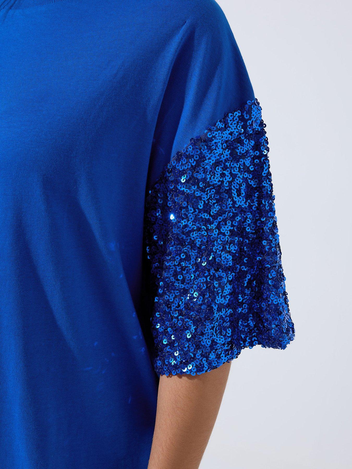 Image 4 of 5 of Yours Curve Sequin Sleeve T-Shirt - Blue