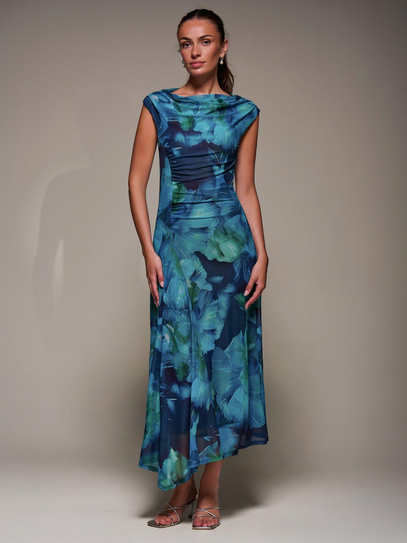 Image 1 of 7 of Jolie Moi Slash Neck Ruched Mesh Maxi Dress - Blue