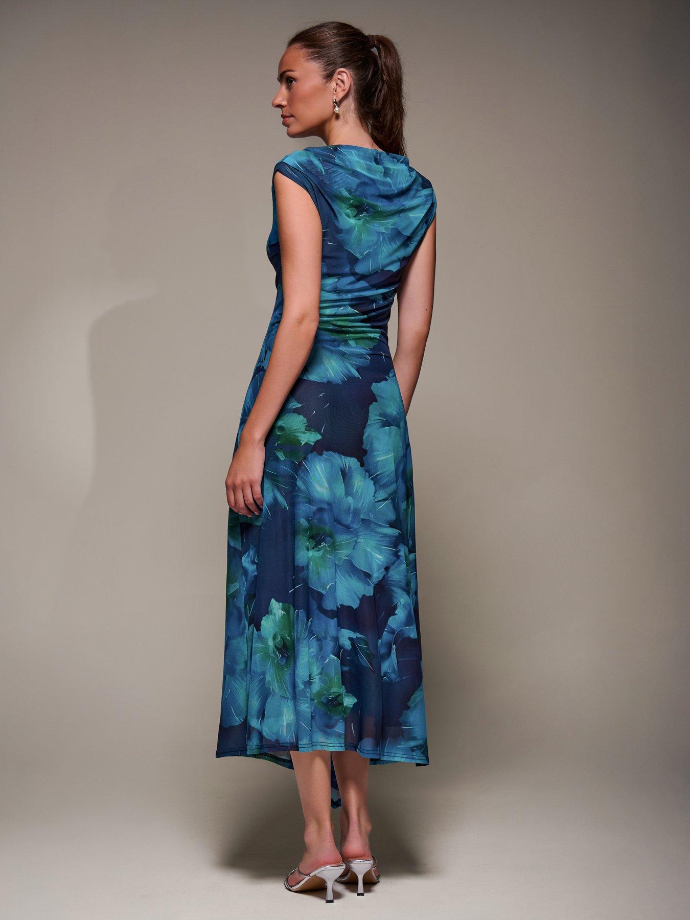 Image 2 of 7 of Jolie Moi Slash Neck Ruched Mesh Maxi Dress - Blue