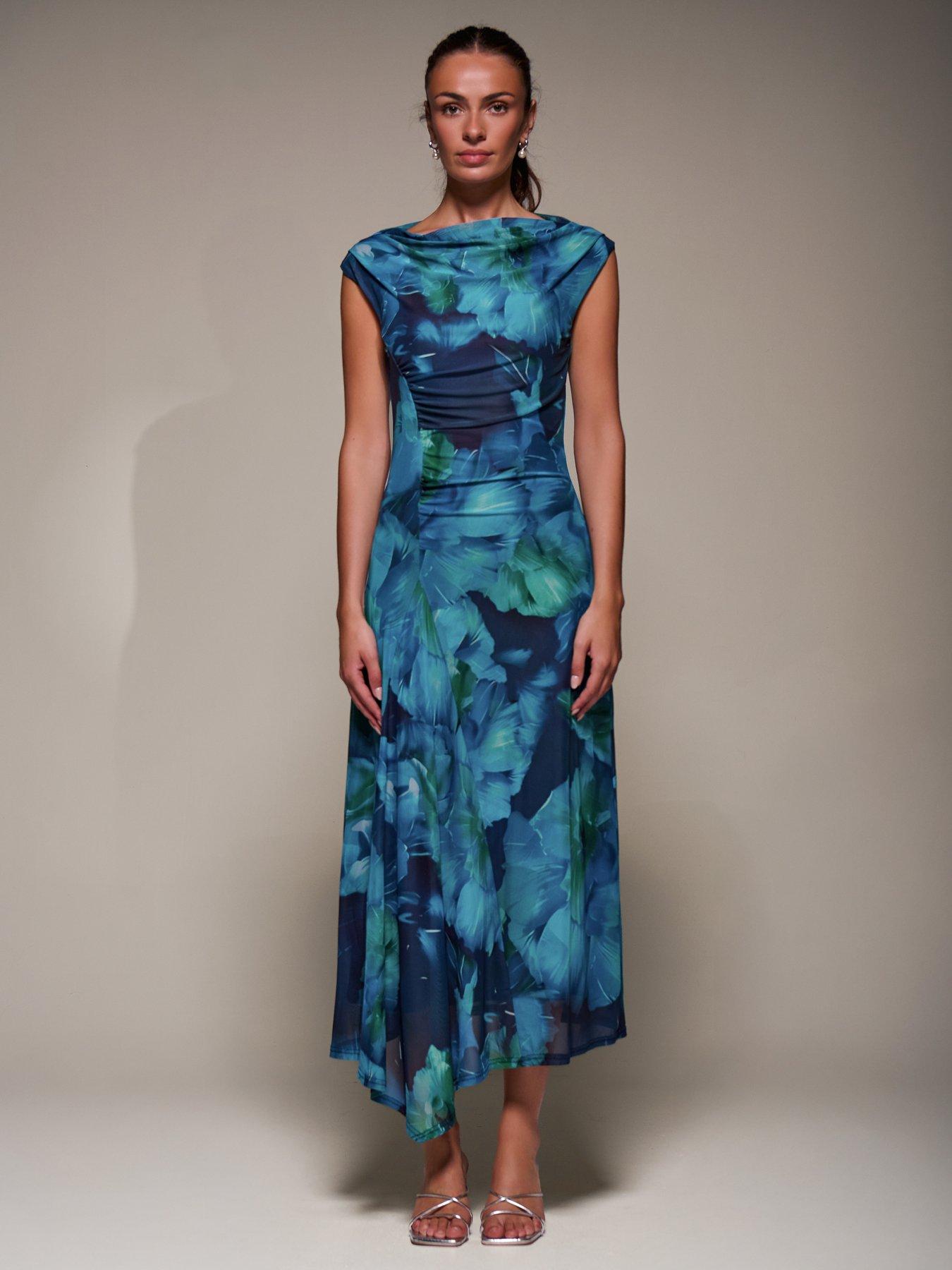 Image 3 of 7 of Jolie Moi Slash Neck Ruched Mesh Maxi Dress - Blue