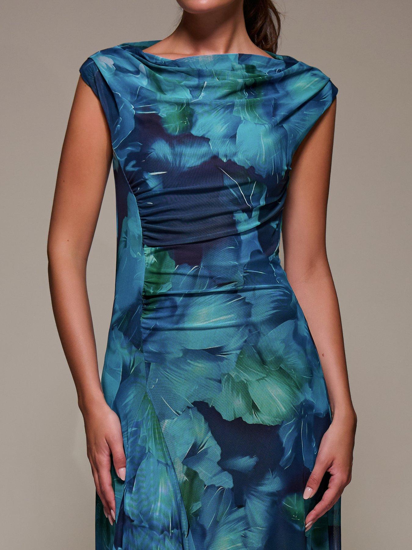 Image 4 of 7 of Jolie Moi Slash Neck Ruched Mesh Maxi Dress - Blue